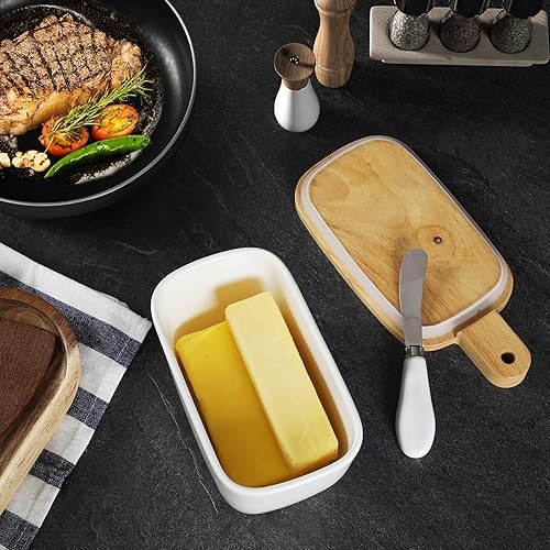 Miniatura 2 de Mantequillera de porcelana - Soporte grande de cerámica con tapa extendida (blanco, 6.5 x 3.9 x 3.14 pulgadas)