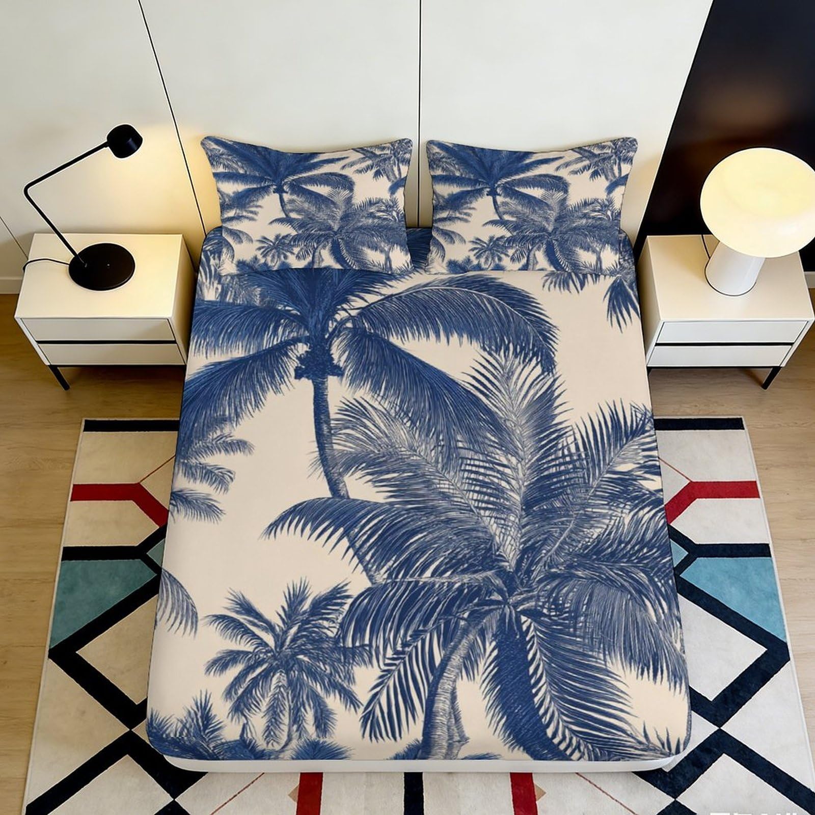 Jqzkxnhpbr Style-9 3D Printed Blue Palm Fitted Sheet Microfiber Soft Non-Slip Tropical Island Bed Cover For Bedroom Guest Room Decor 90X200x25cm