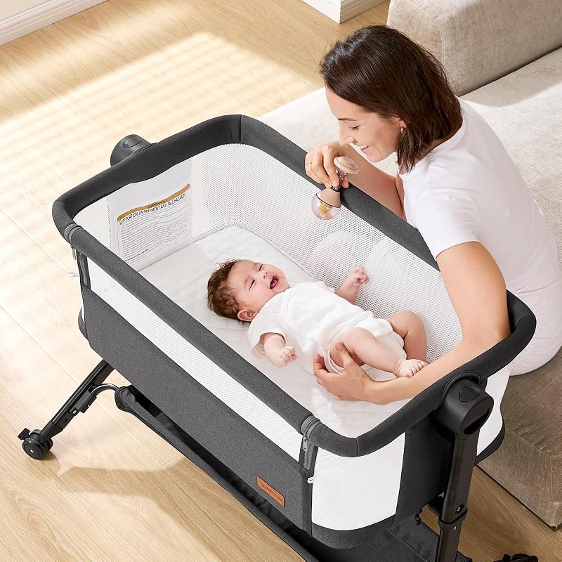 Baby Bassinet Bedside Sleeper, All-Mesh, 5 Heights, Locking Wheels (Black) | Washable mattress, oversized locking wheels, storage basket, adjustable incline, full-mesh sides, tool-free 1-minute setup