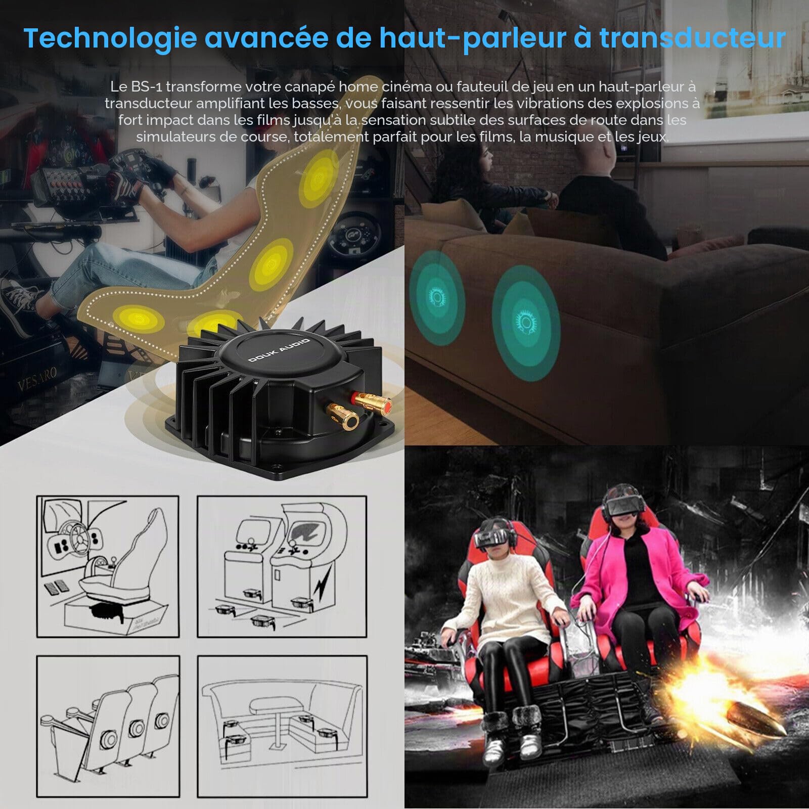 Douk Audio BS-1 Paire de shakers de basses tactiles haute performance pour home cinéma et jeux vidéo 50 W