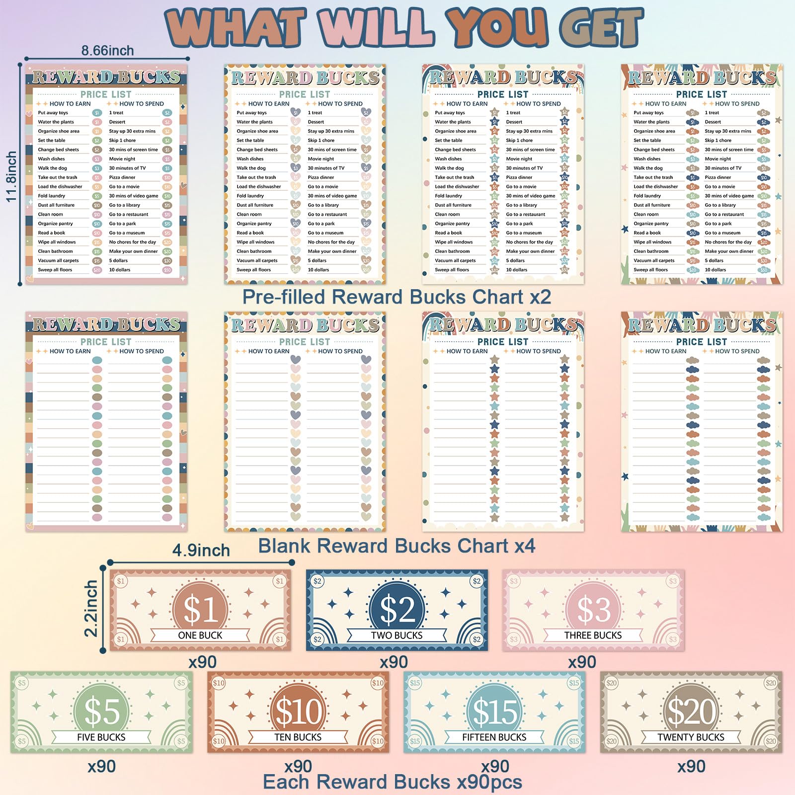 Tabla de recompensas de buen comportamiento, 636 unidades, sistema de recompensas de arco iris, lista de dólares, sistema de recompensas de rutina bohemia, tabla de planificación de tareas de