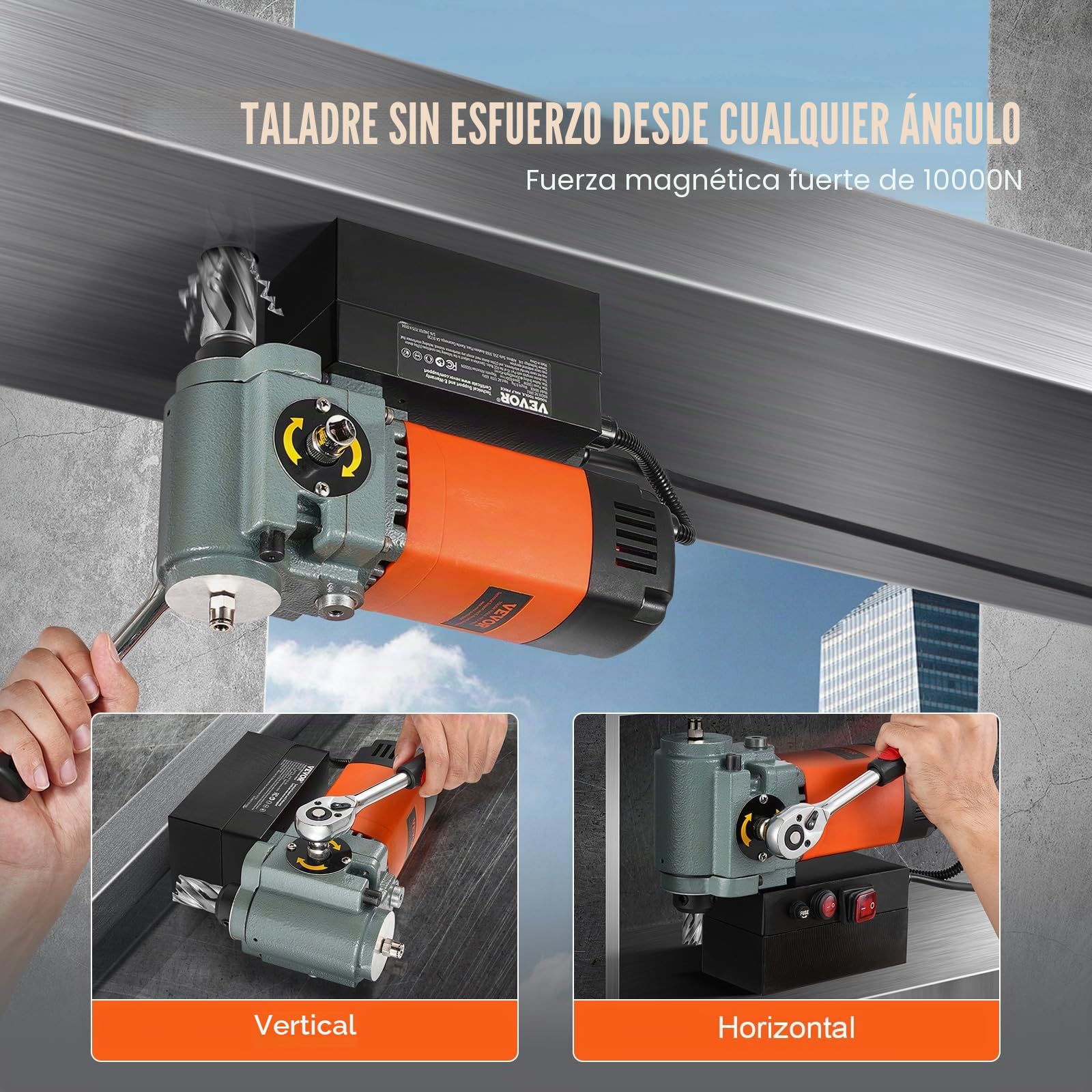 VEVOR Taladro Magnético de Perfil Bajo 1300 W Taladro Magnético Ligero y Portátil con Dispositivo de Enfriamiento y Protección contra Sobrecarga Prensa Magnética para Instalación de Equipos
