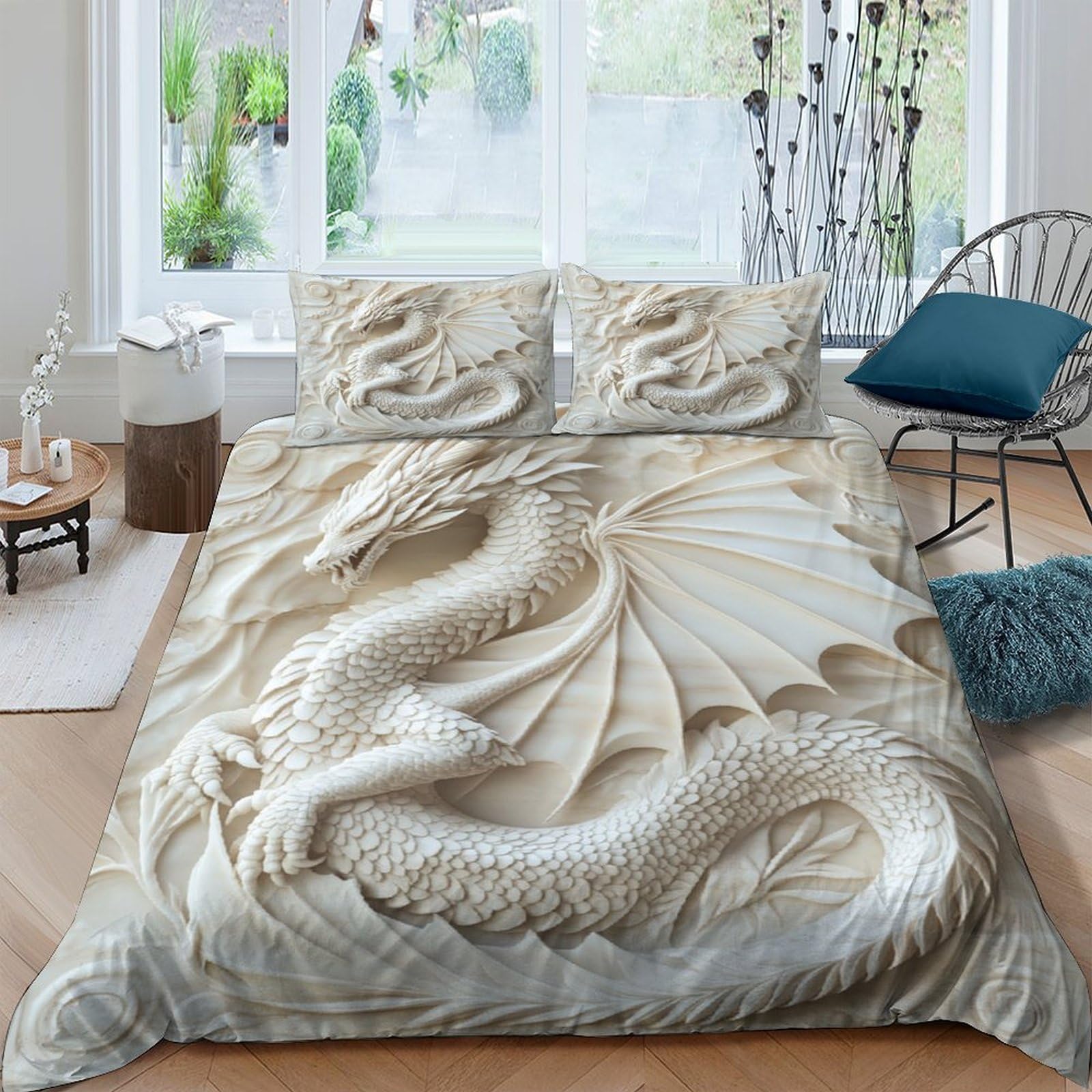 Ctjqhvkz Style-10 3D Printed Ivory Dragon Fitted Sheet Microfiber Soft Bedroom Decor Mythical Creature Mattress Cover For Home Dorm Single（135X200cm）