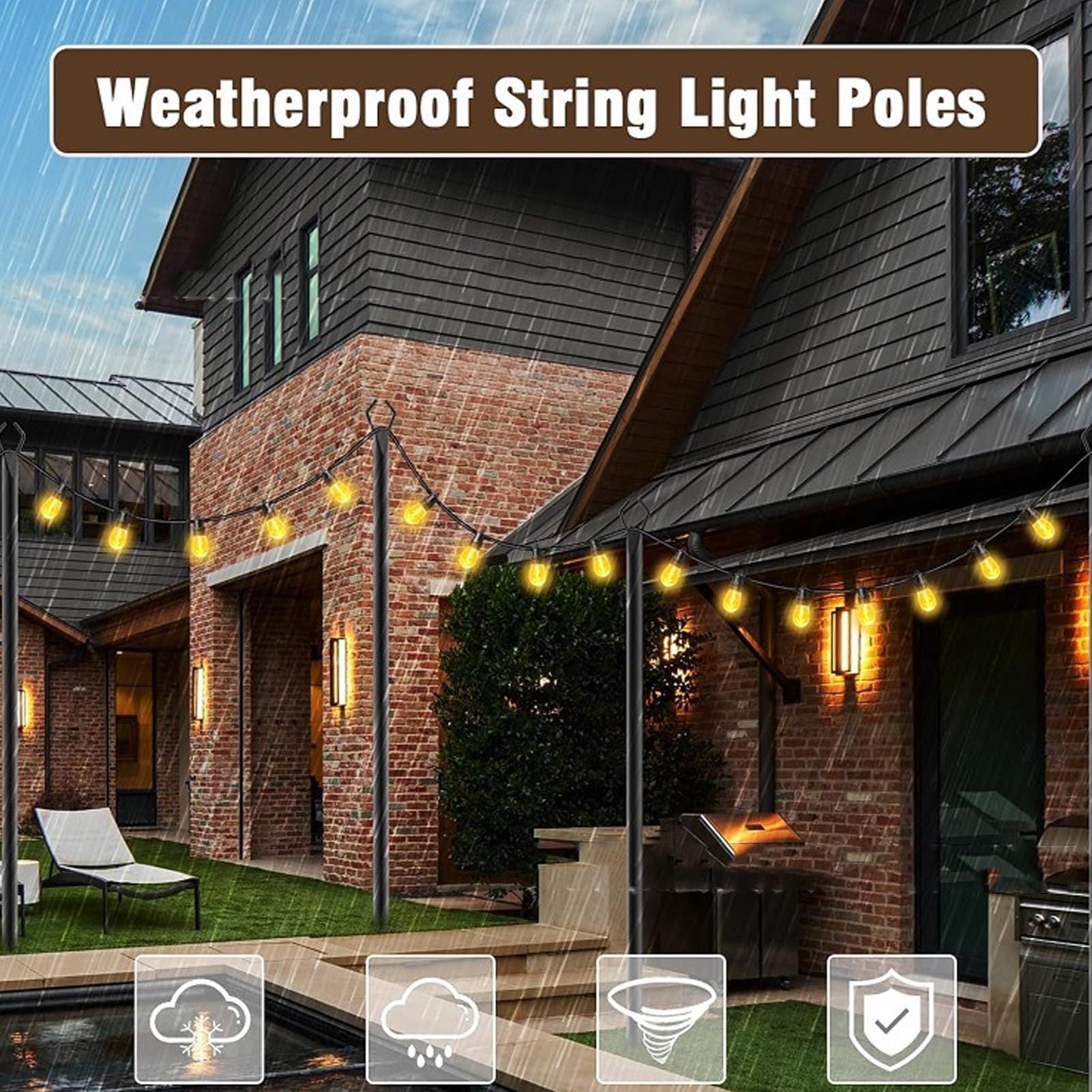 Fdit Lichterkettenmasten, 2er-Set Verstellbare Licht-Hängeständer, Metall-Lichtmasten mit Gabel für Außengarten, Terrasse, Hinterhof