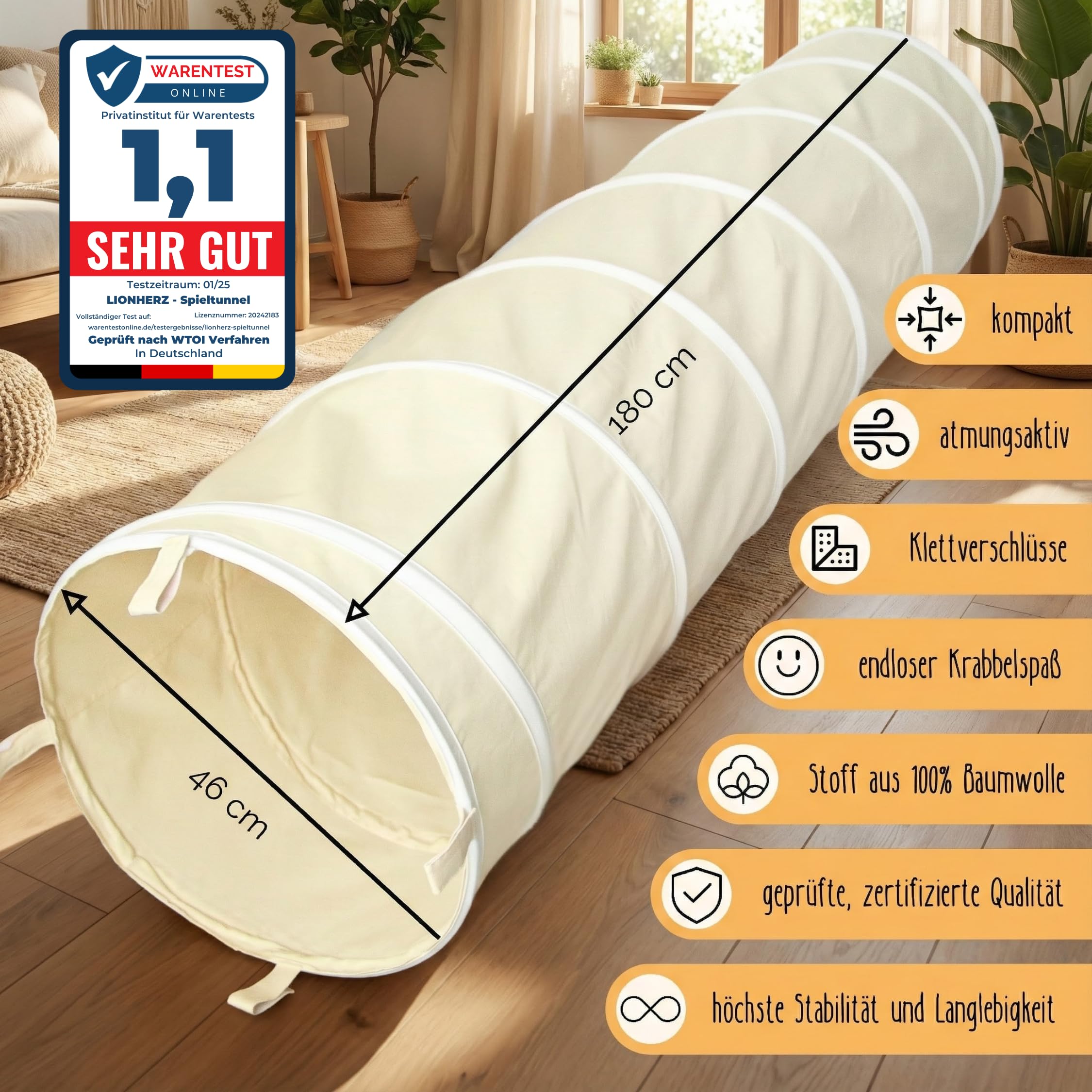LIONHERZ® Spieltunnel für Kinder aus 100% Baumwolle mit Klettverschlüssen | Krabbeltunnel für Baby [180cm x 46cm] Faltbarer Pop-up Kriechtunnel | Krabbelrolle passend zu unserem Tipi (Cremeweiß)