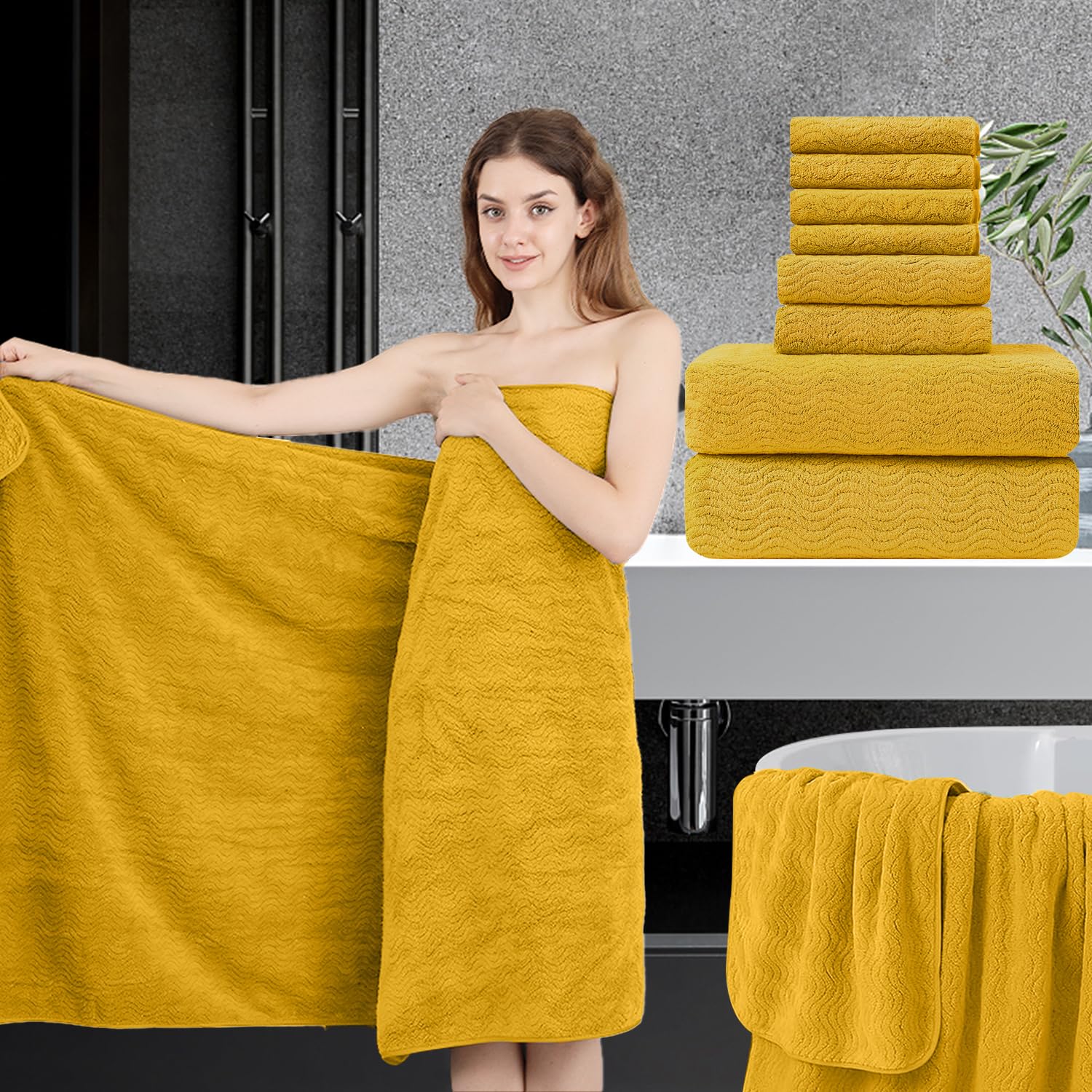 8 Piece Bathroom Towel Set |2 Jumbo Oversized Bath Sheet,2 Hand Towels,4 Washcloths| Extra Large Bath Sheet Soft Towel Set for Bathroom Hotel,Highly Absorbent Quick Dry Towel Set Collections,Yellow