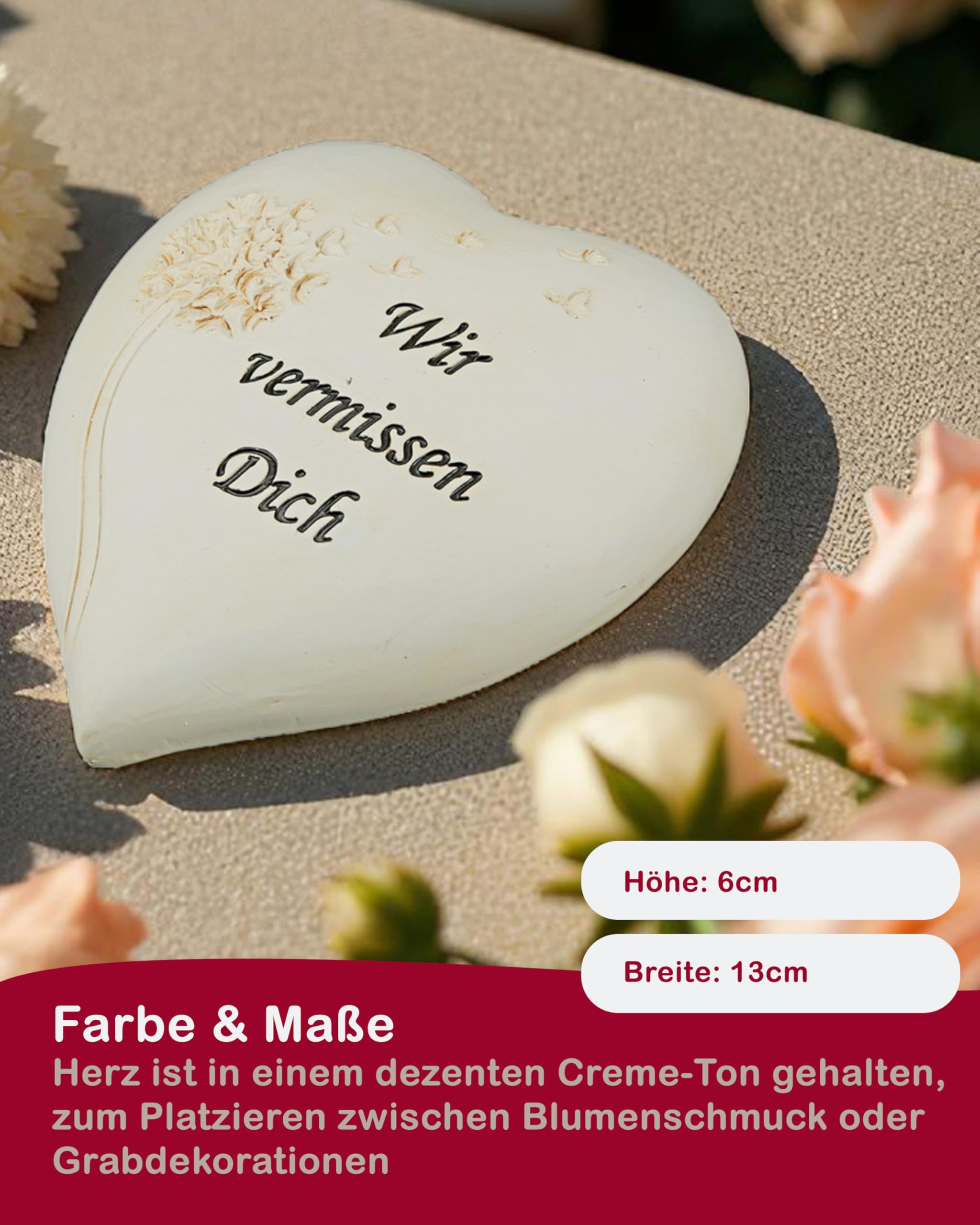 CULT at home Herz Grabschmuck „Wir vermissen Dich“ – Grabdekoration Allerheiligen Steinherzen Grab Deko Grabstein – Pusteblume Gedenkstein fürs Grab Friedhof – aus Kunstharz 13 x 13 cm