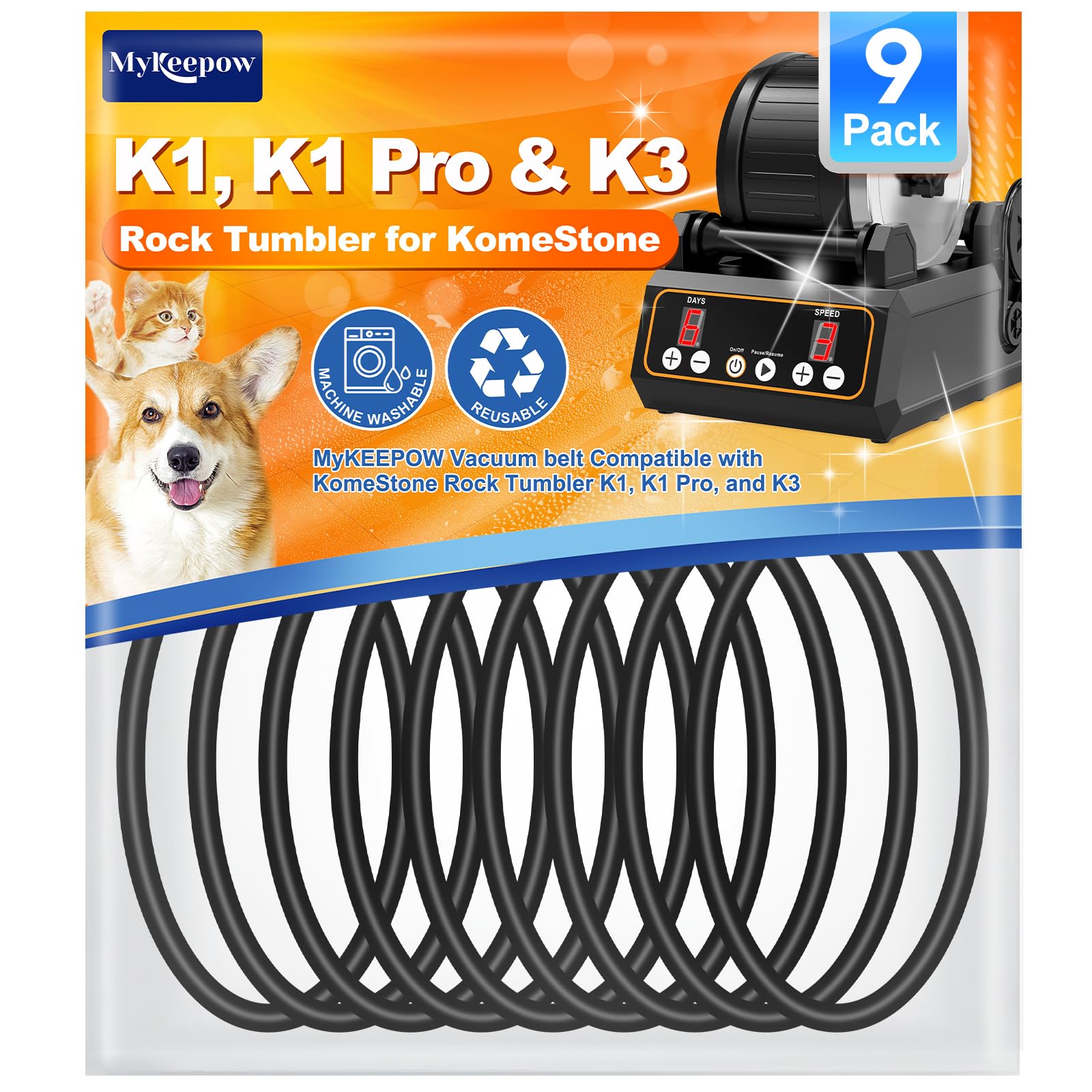 MyKEEPOW Rock Tumbler Belts Compatible with KomeStone Rock Tumbler Model K1 & K1 Pro & K3, 9 Pack (Not fit for K2 Elite Rock Tumbler)