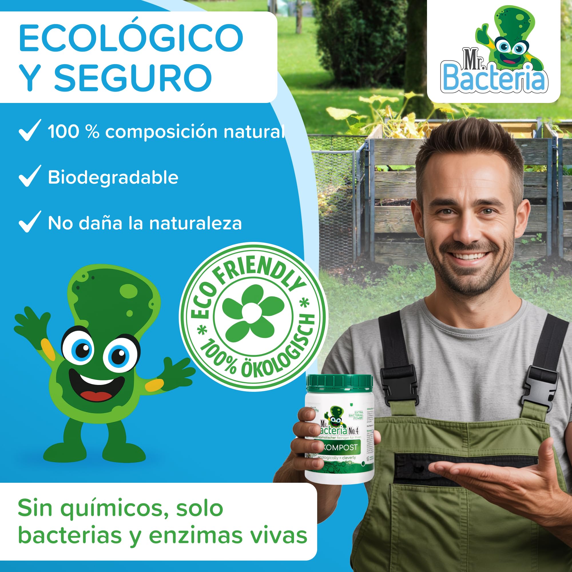 Mr. Bacteria No. 4. Limpiador Bio-enzimático para su Compost, Acelerador Orgánico de compostaje con microorganismos, Acelera y Mejora el compostaje 500 g - 1 Unidad