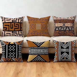 African Throw Pillow Covers Set of 6, Rustic Mud Cloth Texture Brown Pil...
