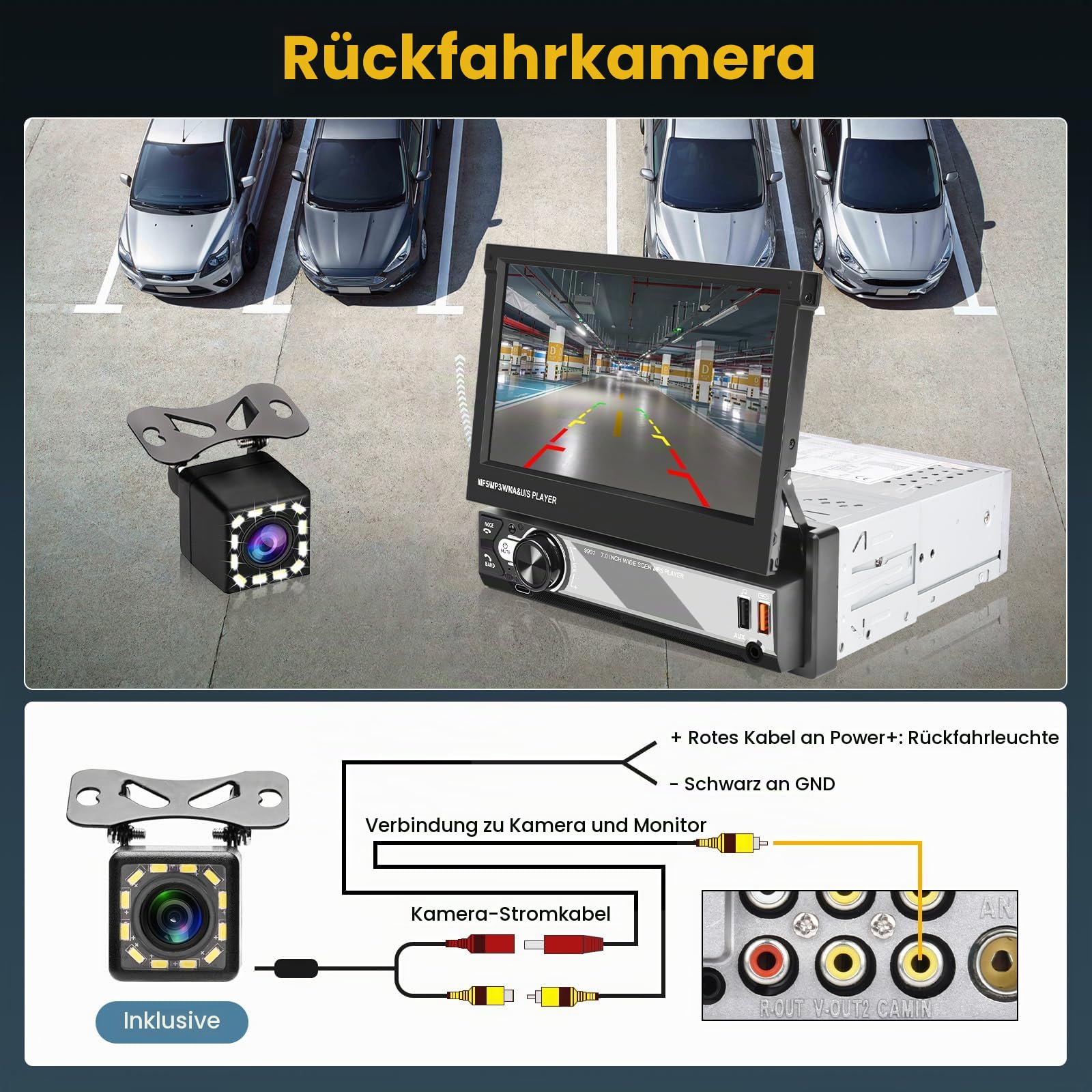 Hikity 1 Din Autoradio Wireless Carplay Andriod Auto 7 Zoll Manuelle Ausfahrbarem Bildchirm Auto Radio Touch Display Bluetooth Android Auto Mirror Link FM Radio USB SWC AUX Type-C Mic Rückfahrkamera