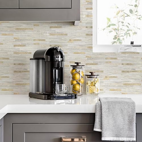 Miniatura 7 de STICKGOO 20 hojas de azulejos autoadhesivos para salpicaduras para cocina y baño, aspecto beige soleado, azulejos de pared autoadhesivos de metal