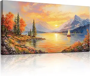 SERIMINO Sunset Landscape Large Wall Art, Mountain Lake Scenic Canvas Prints, Country Nature Scenery Artwork for Walls, Aesthetic Paintings Wall Decor Living Room Bedroom, Rustic Home Decor 24"X48"