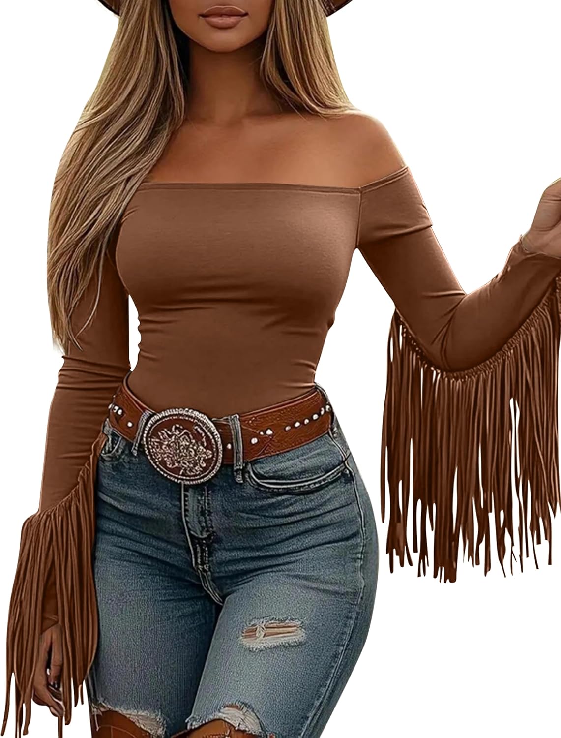 Fringe Tops for Women Western Cowgirl Off The Shoulder Fall Long Sleeve with Tassels Stretchy Crop Shirts Blouses