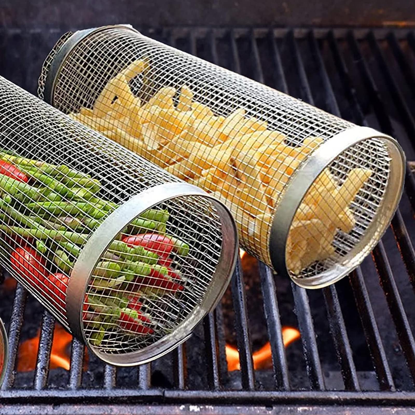 Amazon.co.jp: 2個ローリングBBQグリルバスケットステンレススチール