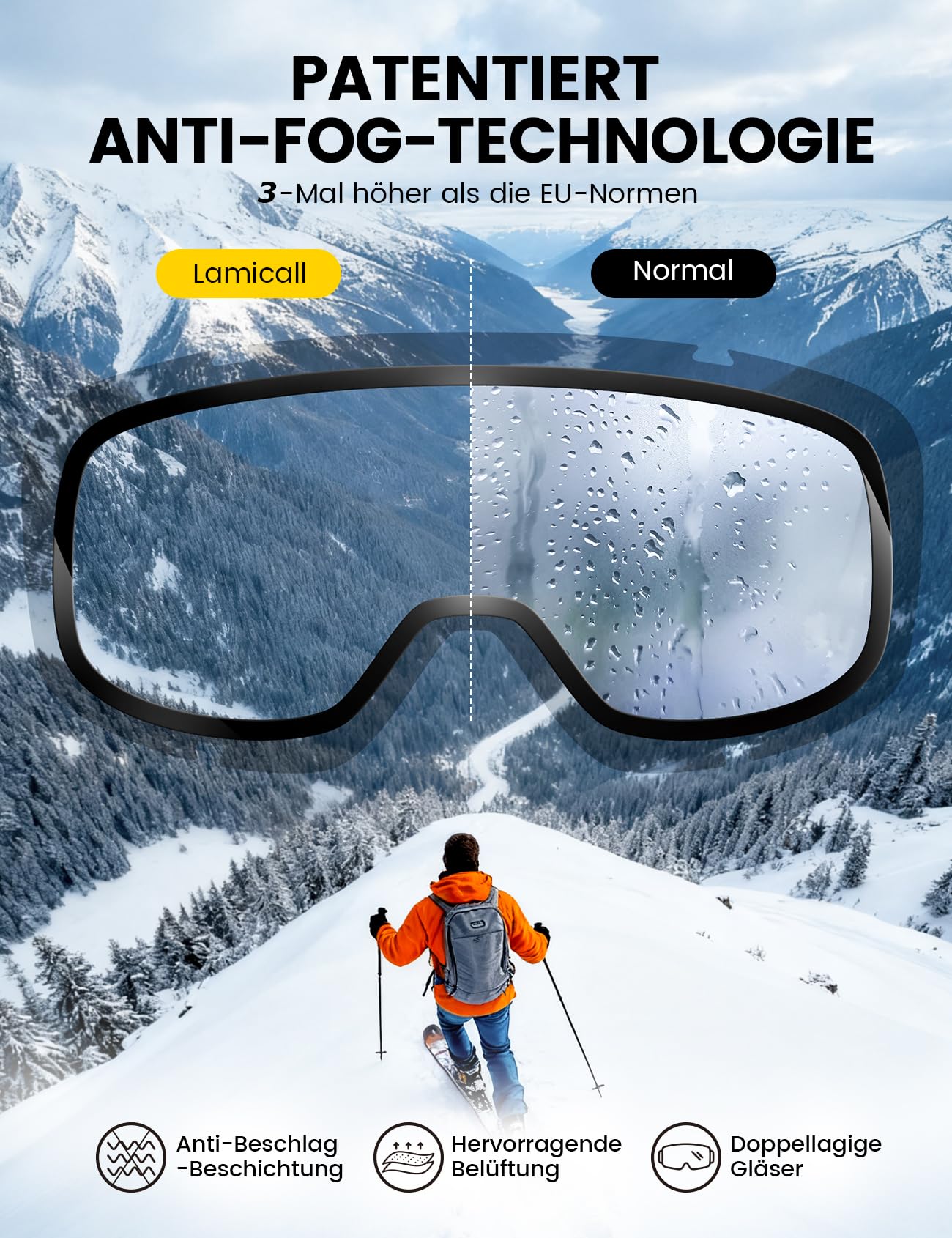 Lamicall Skibrille Damen, OTG Snowboardbrille Herren - [TOP Patentierte Anti-Fog] Verspiegelt Ski Brille für Brillenträger, Ultra HD Snowboard Brille Schutzbrille, UV400 Schneebrille mit Blendenschutz