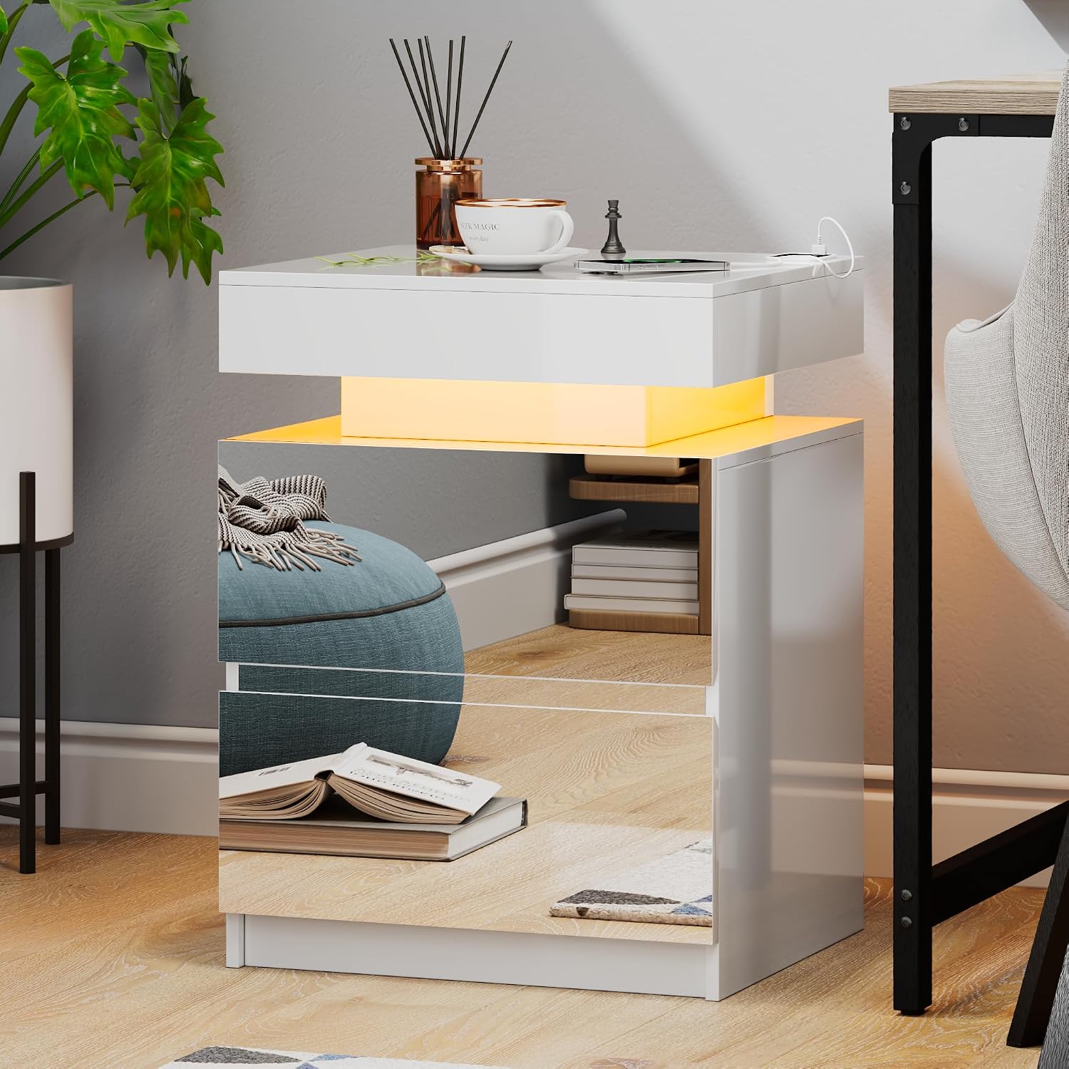 LED Nightstand - Bedside Table with Charging Station and 2 Mirrored Drawers Sliding Top with Magnetic Lock - Modern Night Stand for Bedroom & Living Room - White