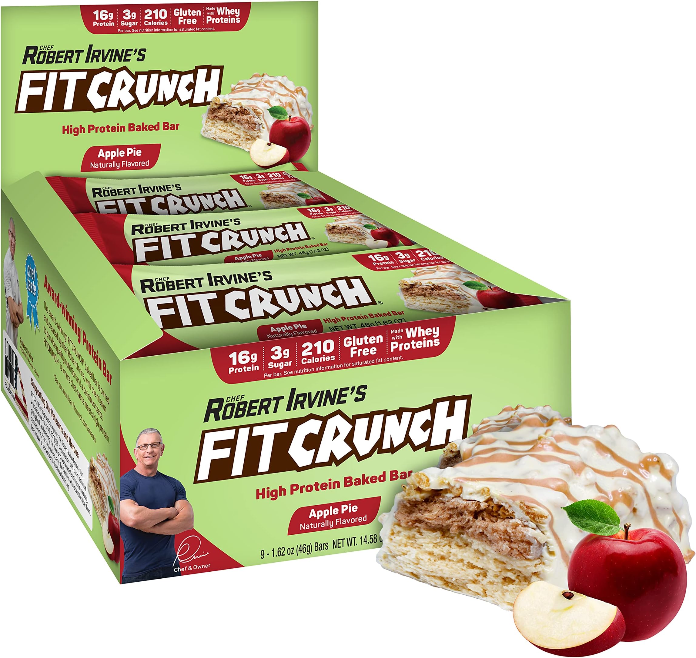 FITCRUNCH Snack Size Protein Bars, 6-Layer Baked Bar, 3g of Sugar & Soft Cake Core (9 Bars, Apple Pie)