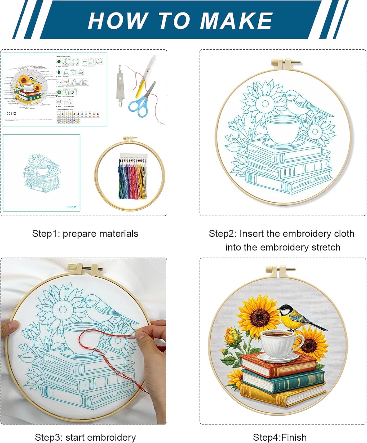 Zhenqing 4-Piece Embroidery Kit for Beginners - Complete Set with Pre-Printed 29x29cm Cotton Fabric, Hoop, Threads & Tools (Books, Hot Air Balloon, Wildflowers, Gramophone Designs)(C0159)