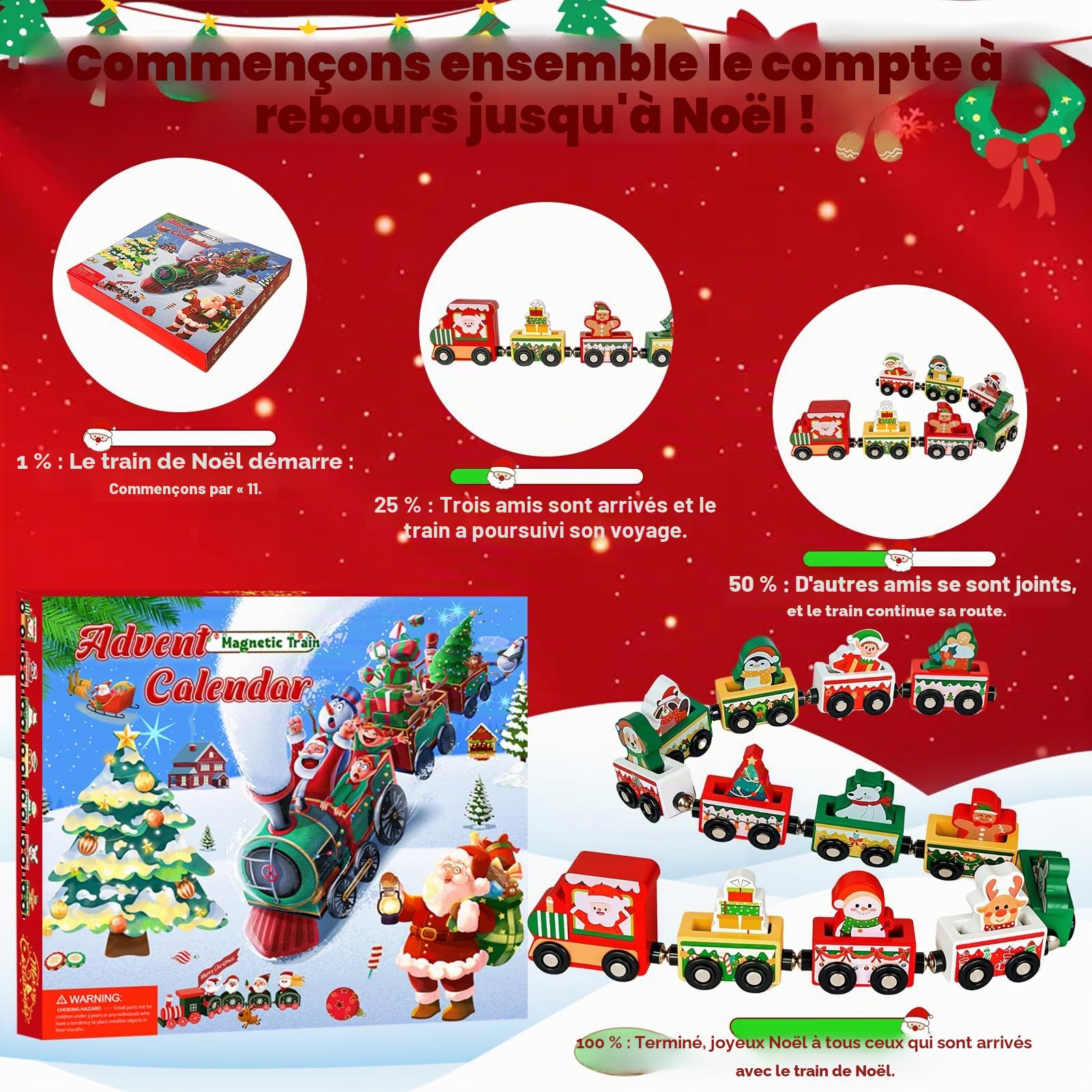 Calendrier de l'Avent 2025 Train de Noël, chemin de fer en bois magnétique, cadeau de compte à rebours de Noël de 24 jours pour enfants, jouet de calendrier de l'Avent festif pour garçons et filles