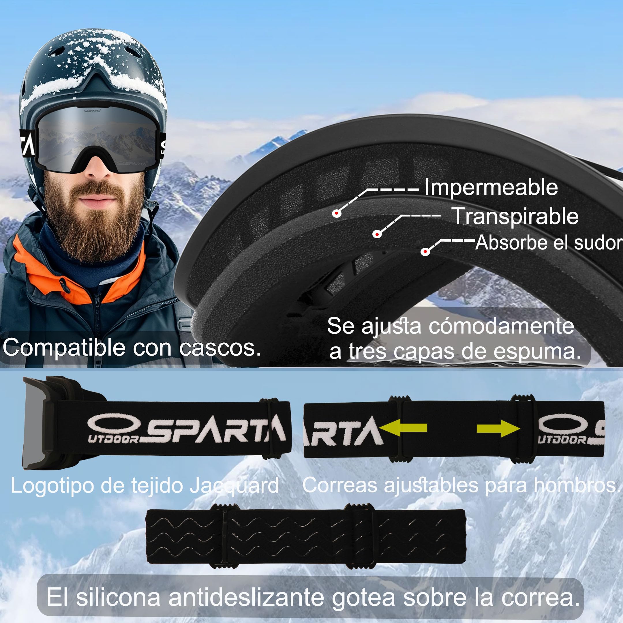 Gafas de esquí para adultos - Gafas de esquí compatibles con casco para hombres y mujeres con protección UV del 100%