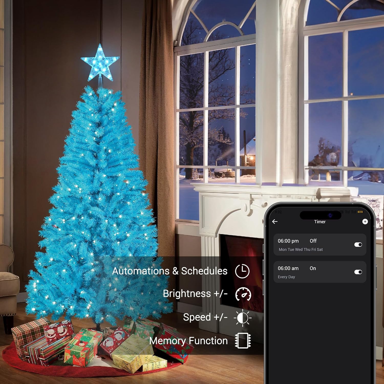 A blue Christmas tree with the Brizled Smart Christmas Tree Topper, and a smartphone screen showing the app's timer and schedule settings.
