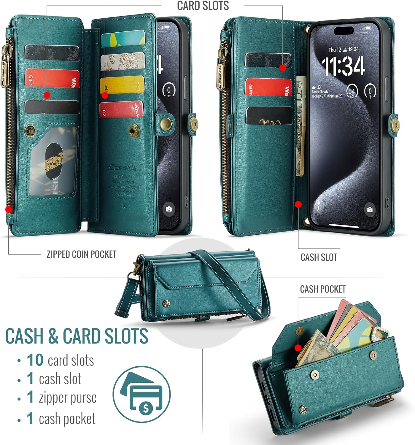 Dteck for iPhone 12 Pro & iPhone 12 Case 6.1", Crossbody Wallet Phone Case with Credit Card Holders & Pockets, PU Leather Portable Flip Cover with Stand Function & Shoulder/Wrist Strap Lanyard, Green