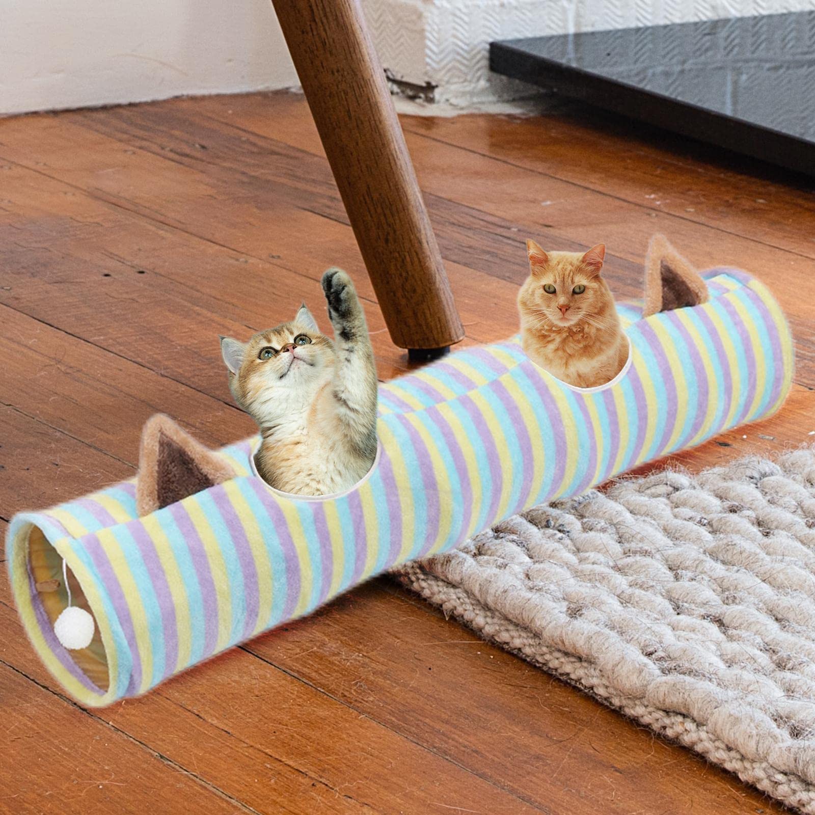 Katzentunnel Interaktives Katzen Kätzchen Spieltunnel Bett Aus Stoff mit Geräuschpapier Und Ball für Wohnung Training Spielen, Streifen