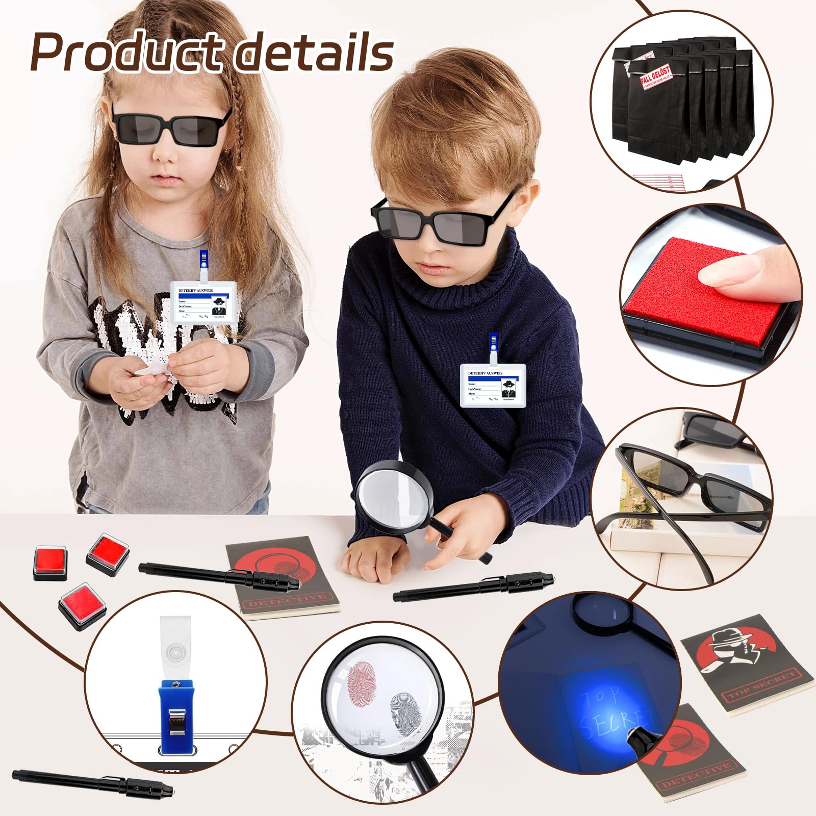 Kinder Detektiv Set, 72 tlg Kindergeburtstag Mitgebseltüten mit Agenten Brille Geheimstift Notizbuch Lupe Detektiv Ausweis Schnurrbart Fingerabdruck Stempelkissen Geschenktüten