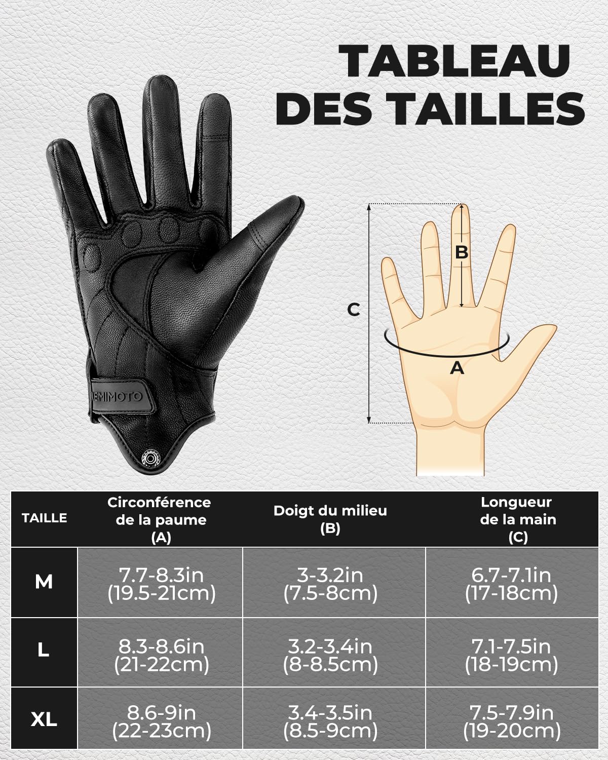 KEMIMOTO Gants Moto en Cuir pour Hommes et Femmes, Protection des Articulations, Écran Tactile et Respirant, Doigts Complets pour Le Motocross et Tir