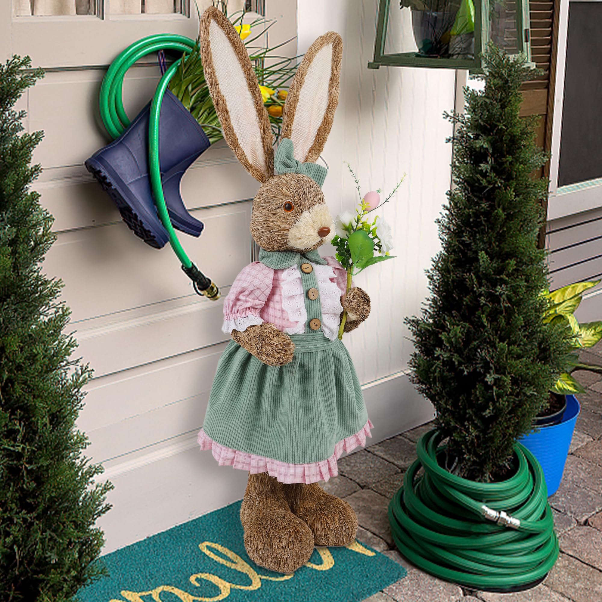 DR.DUDU Large Sisal Easter Bunny Decoration, 2.7 ft Standing Rabbit Figure with Flowers, Spring Decor Bunny Statue, Easter Sculptur Big Sisal Bunny for Home Indoor Outdoor Farmhouse Porch