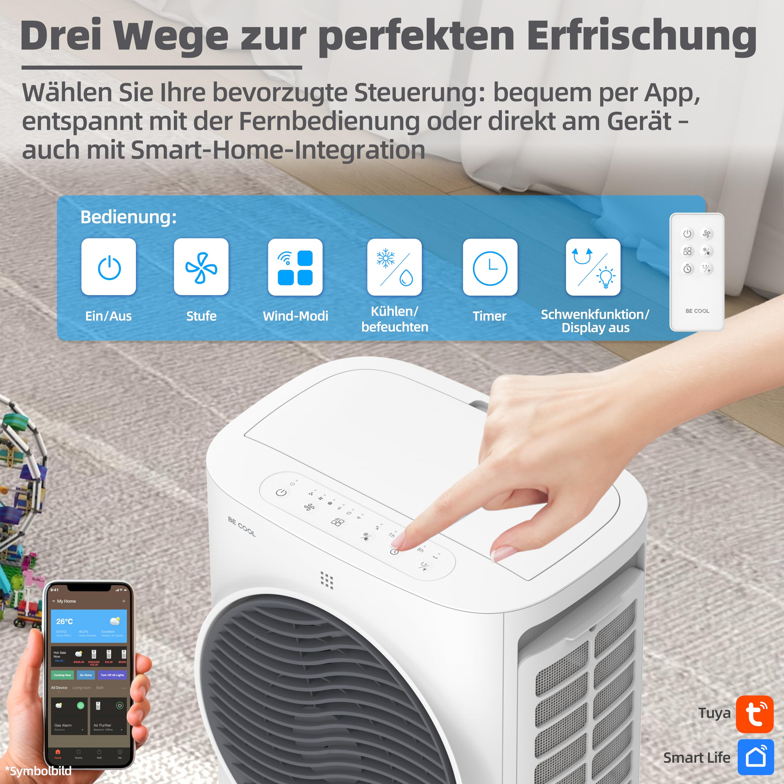 BE COOL Premium Luftkühler BC6ACP2501W mit WiFi, 6,5L Wassertank, 340 m³/h Luftleistung, Timer, Fernbedienung, LED-Display, 3 Modi, mobil, leise (≤50dB)