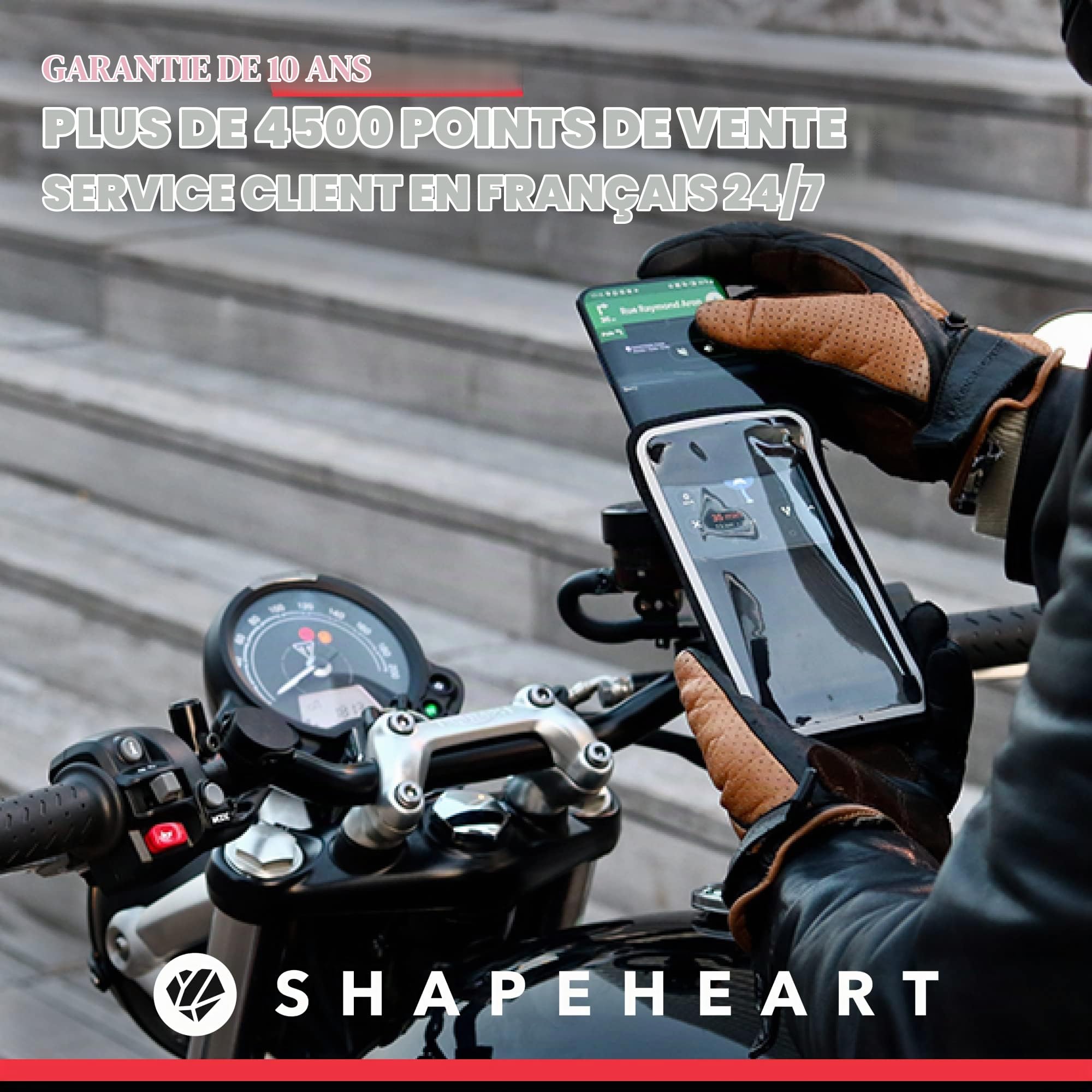 SHAPEHEART innovation française, Support telephone moto magnétique. Antivibration, avec pochette imperméable détachable. Porte téléphone moto, scooter, guidon, accessoire moto universel