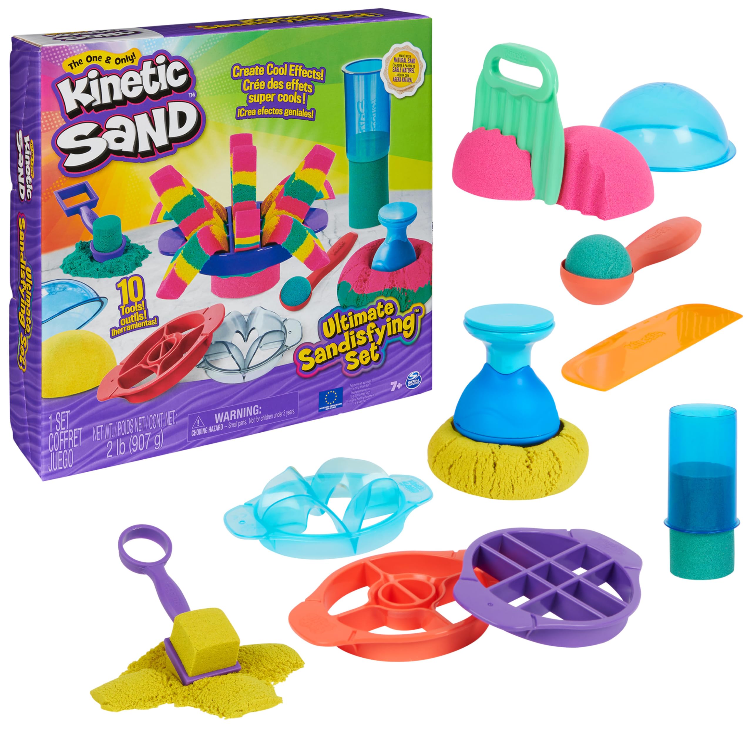 Kinetic Sand - Ultimate Sandisfying - 907 g de Arena Mágica Rosa, Amarilla y Azul + Moldes y Herramientas - Kit Manualidades Niños - Juguetes Sensoriales - Juguetes Niños 7 Años + - Arena Kinetica