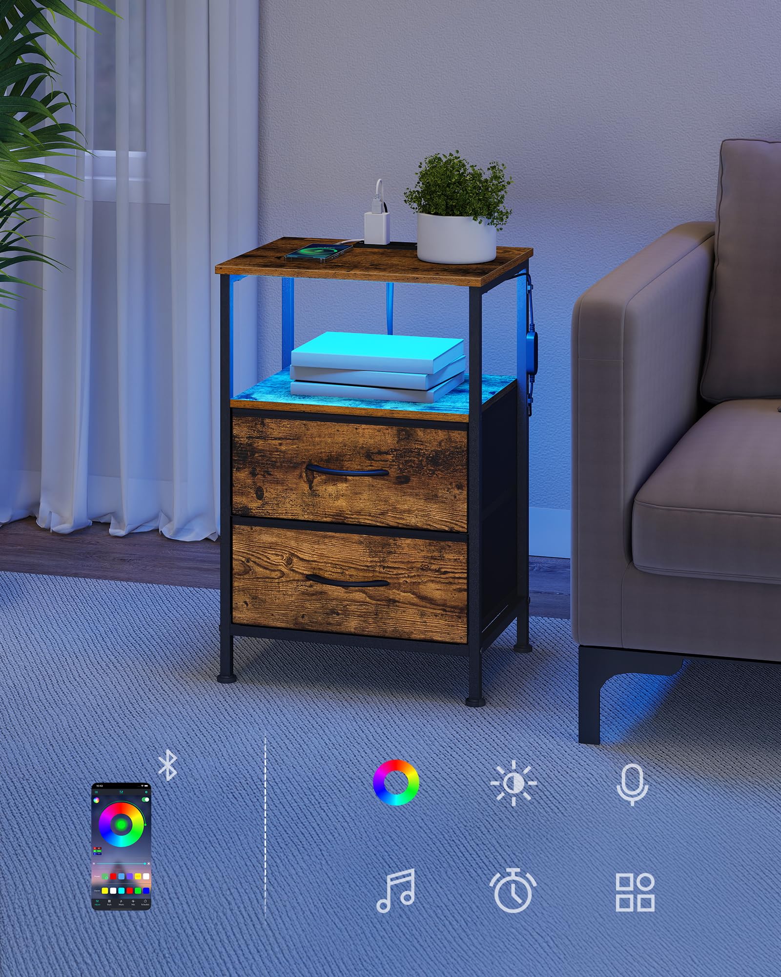 SONGMICS Szafka Nocna z Gniazdkami i Oświetleniem LED, 2 Szuflady
