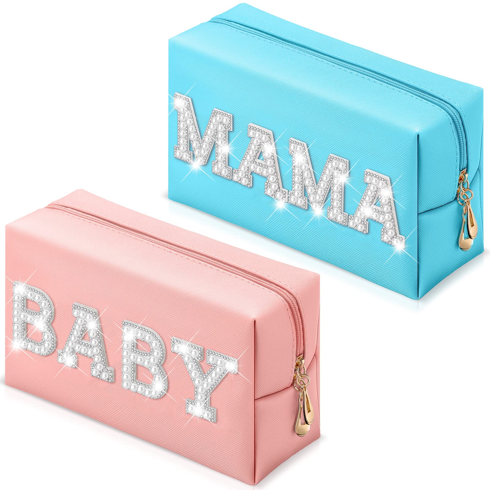 Photo 1 of 2 Pcs Preppy Patch Cosmetic Bag Pearl Rhinestone Letter Patches Makeup Bag Portable Small Toiletry Pouch Waterproof Zipper Purse Travel Organizer for Women Girls (Pink, Blue, BABY, MAMA) Pink, Blue BABY, MAMA