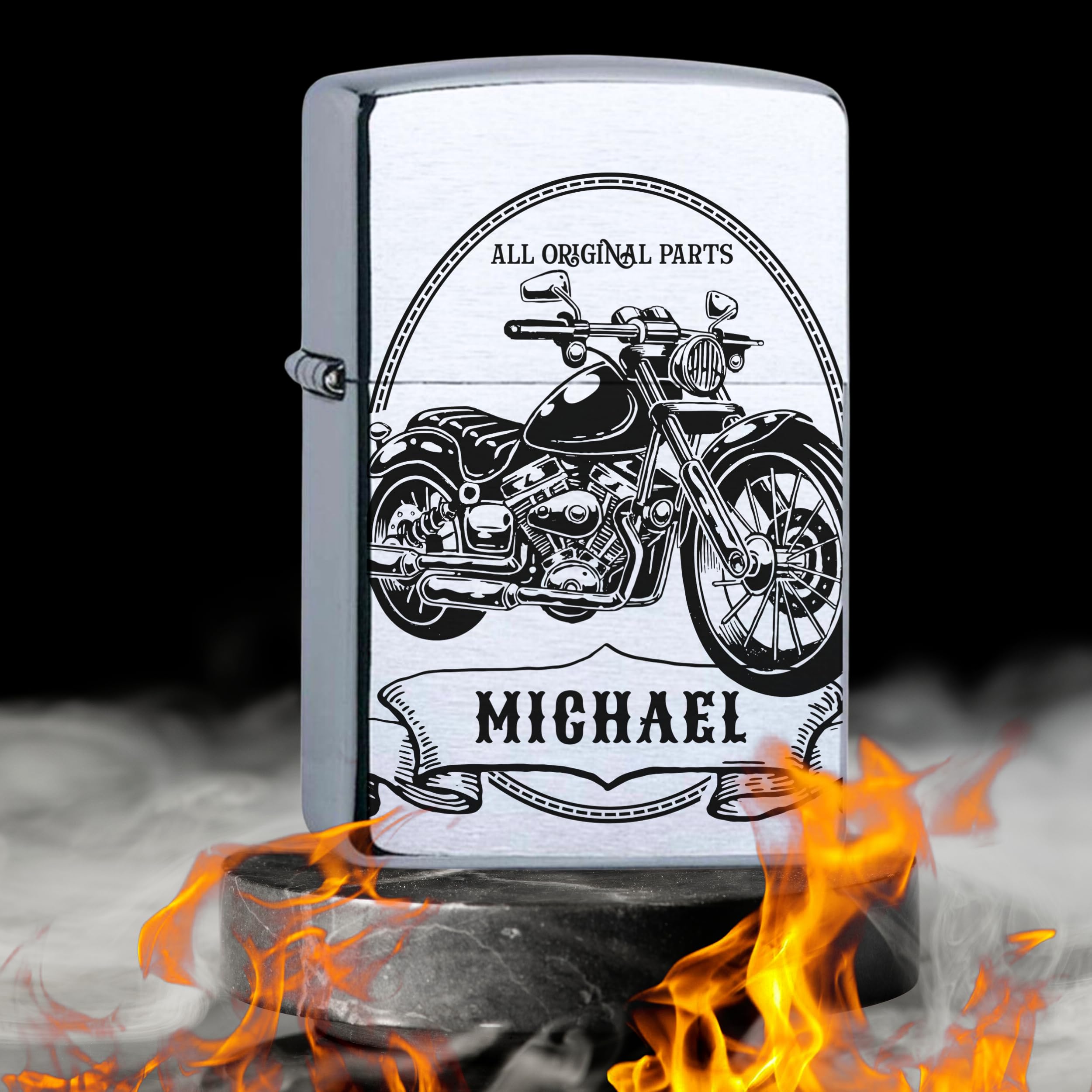 Zippo Benzinfeuerzeug mit Gravur Motorrad personalisiert mit Name für Motorradfahrer Biker Chopper Sturmfeuerzeug Chrome Brushed Geschenk (Motiv 1: Bike)