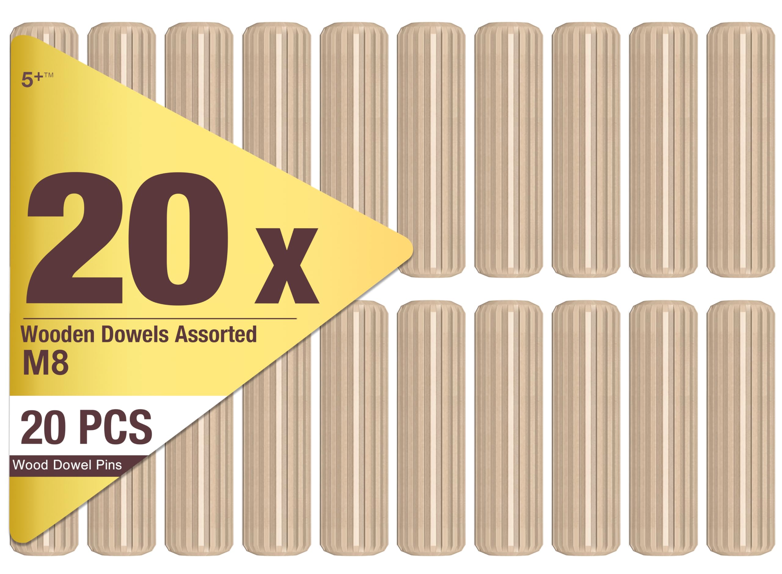 5Plus 20 Pcs 6mm x 30mm Wooden Dowel Pins – Fluted, Grooved, Chamfered Hardwood Dowels for Furniture Assembly, Joinery, Cabinet Making, Woodworking & DIY Projects