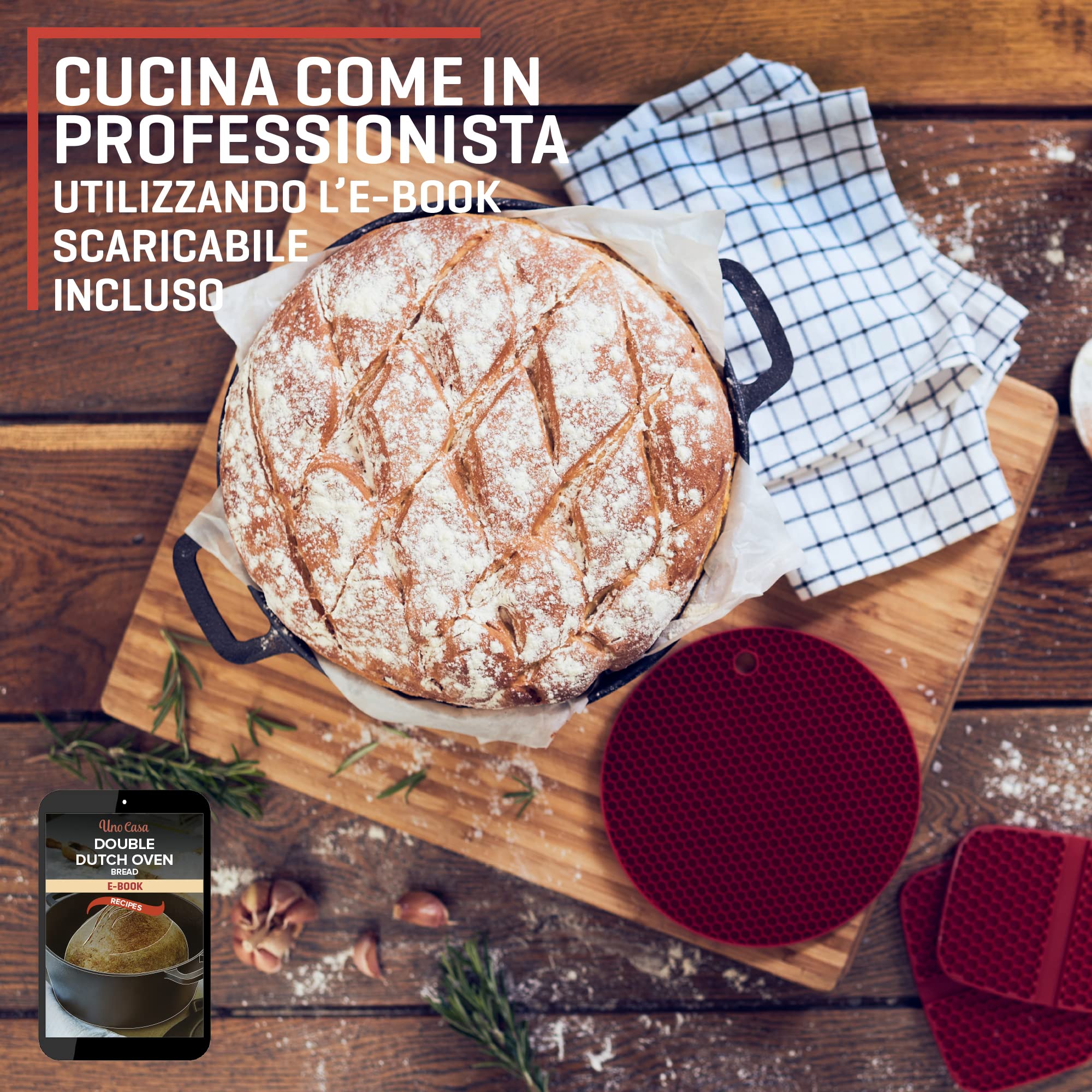 Uno Casa Pentola in ghisa con coperchio, utensile da cucina pretrattato 2 in 1, casseruola da 4,7 l e padella da 1,5 l