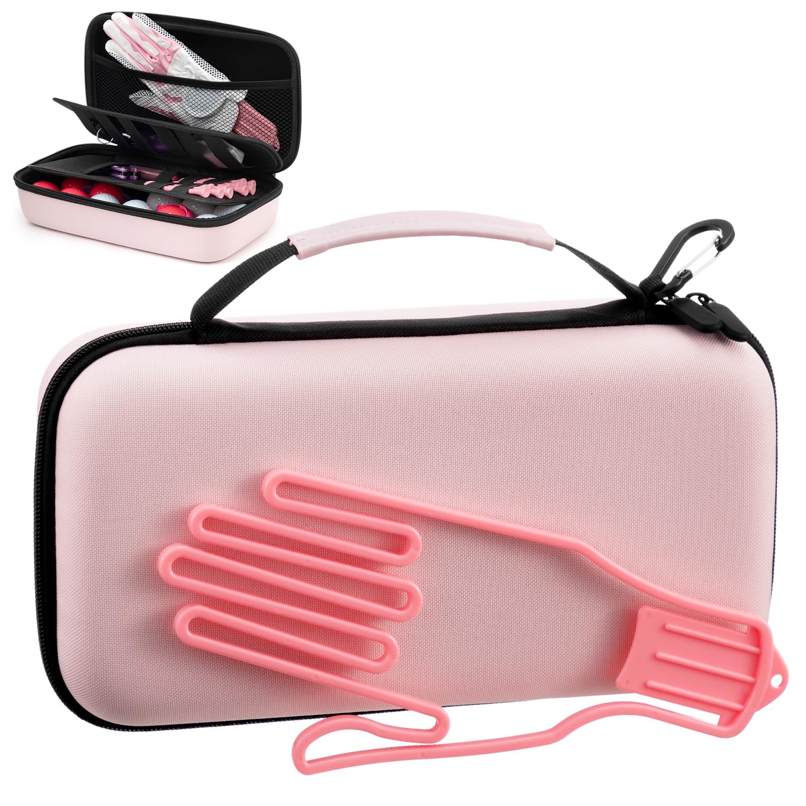 SilTriangle Golf Glove Holder Case with Glove Shaper, Pink Protective Hard Shell Accessory Case, Golf Gift for Woman, for Tees, Ball Markers, Phone, Divot Tool and Accessories