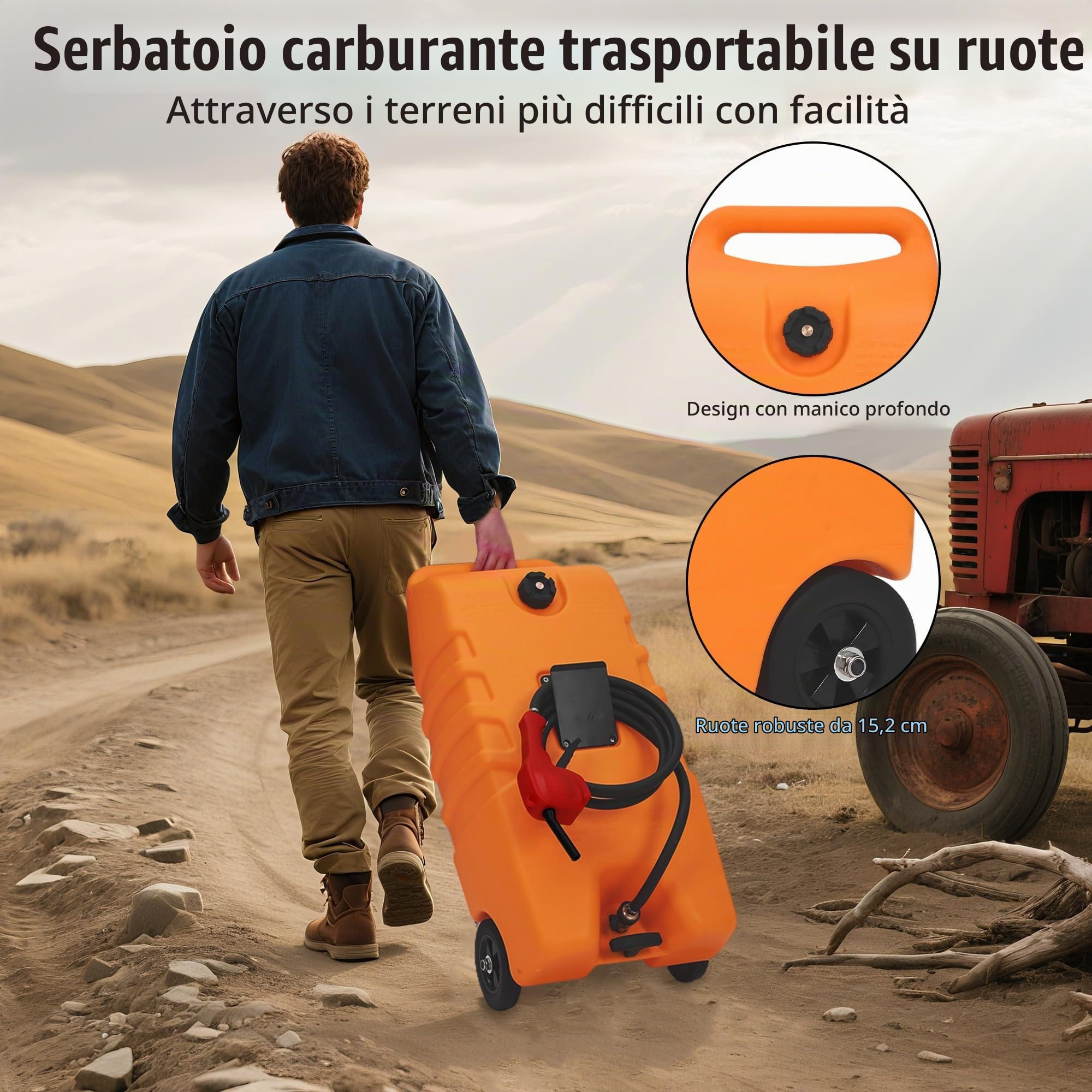 Serbatoio Carburante Portatile 53L Con Ruote, Pompa Sifone Manuale e Tubo 3 m, Per Auto, Barche, Tosaerba e Uso Agricolo, Robusto Design a Valigia, Arancione, senza cinghia