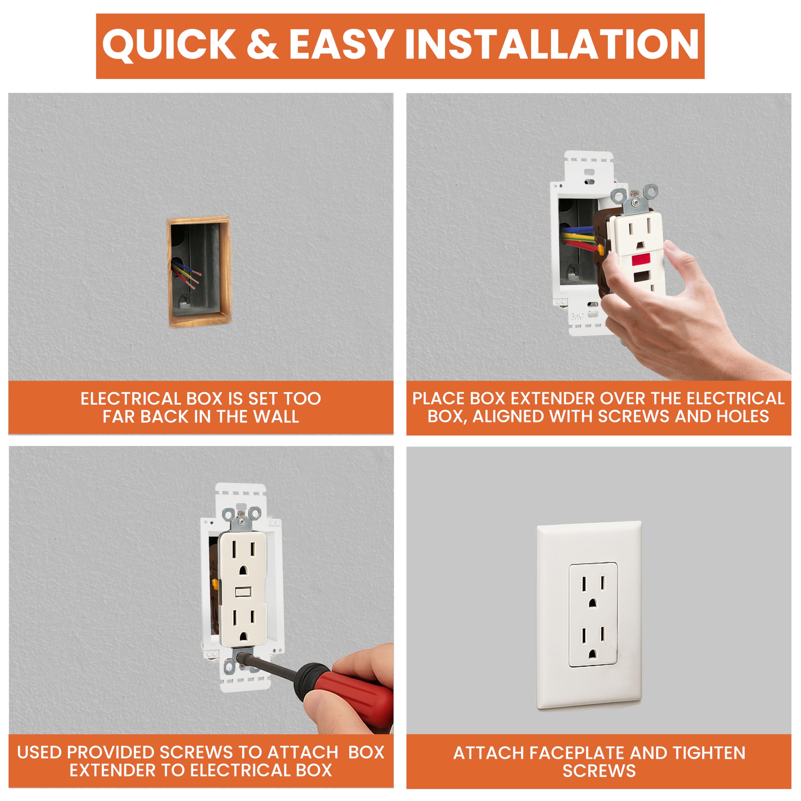 BWP Extensor de caja de toma de corriente eléctrica de 1 banda, paquete de 2 unidades, kit extensor modular de PVC resistente, resistente a la intemperie y resistente al fuego, incluye 4 tornillos
