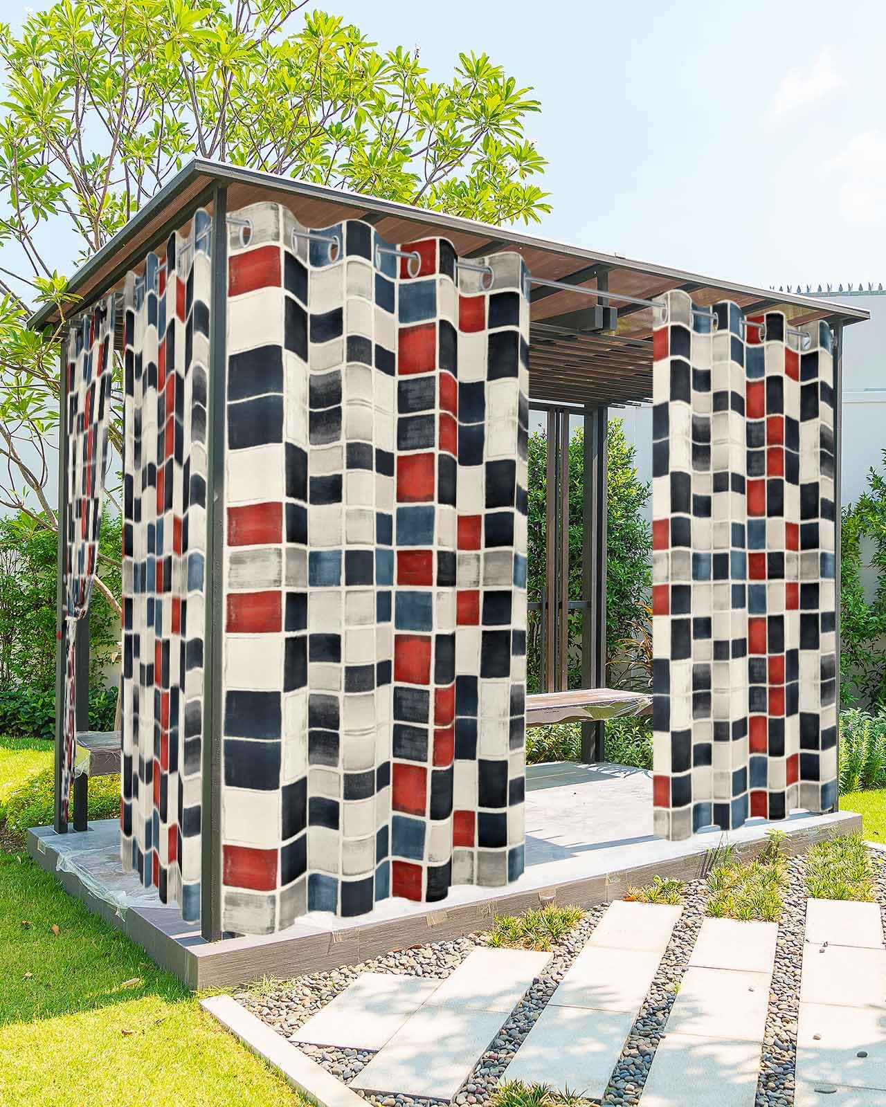 Ukaaqara Outdoor Curtains for Patio Waterproof, Abstract Color Block Black White Red Geometric Art Deco Grommet Curtains for Porch Outside Privacy Drape for Gazebo Garden Pergola, 1 Panel, 54x84in