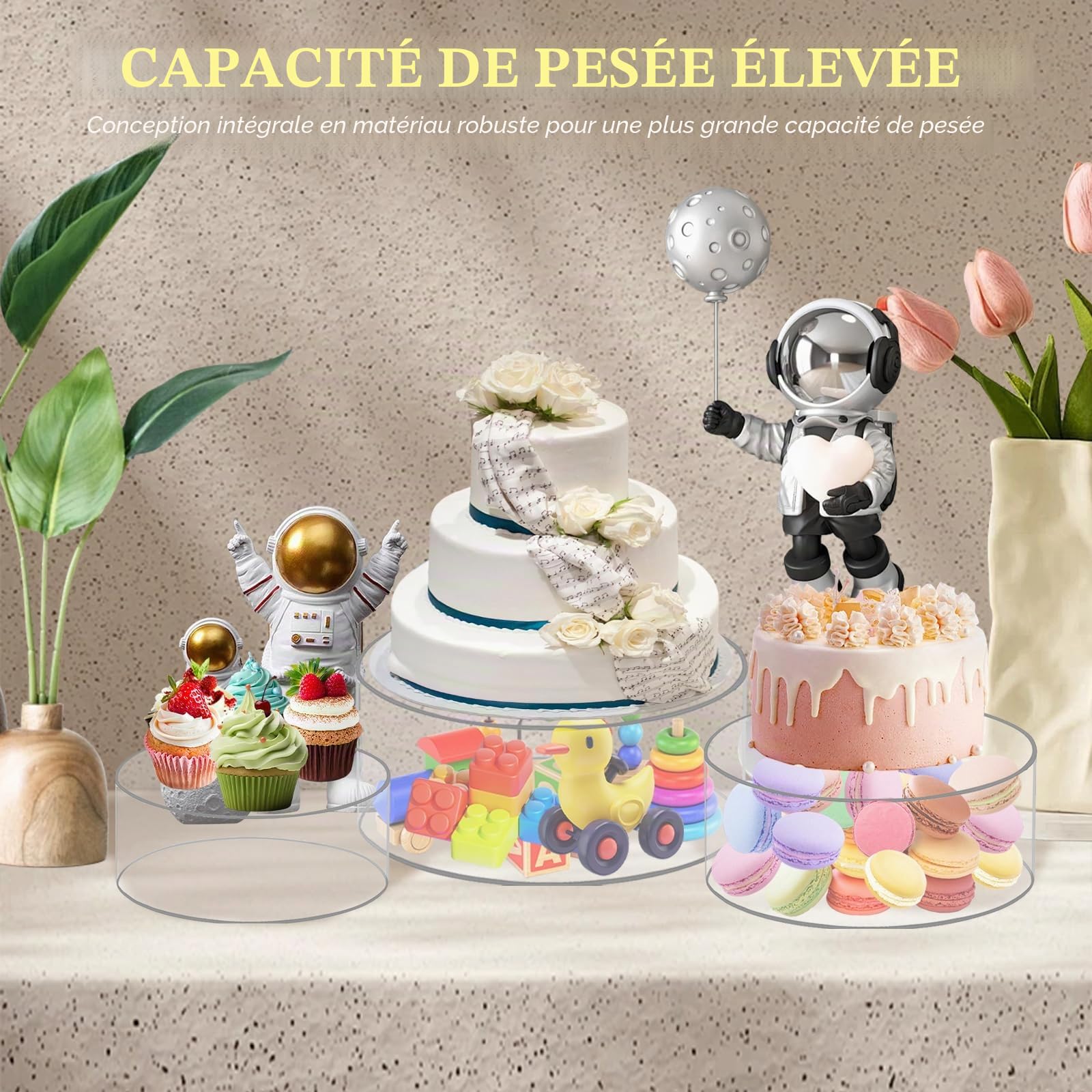 Présentoir à Gâteau,3 Pièces Planches Gâteaux en Acrylique pour Table à Dessert Cupcakes Fleurs,Cylindre Transparent Remplissable Rond avec LED Décoratif pour Anniversaire,Mariage et Fête