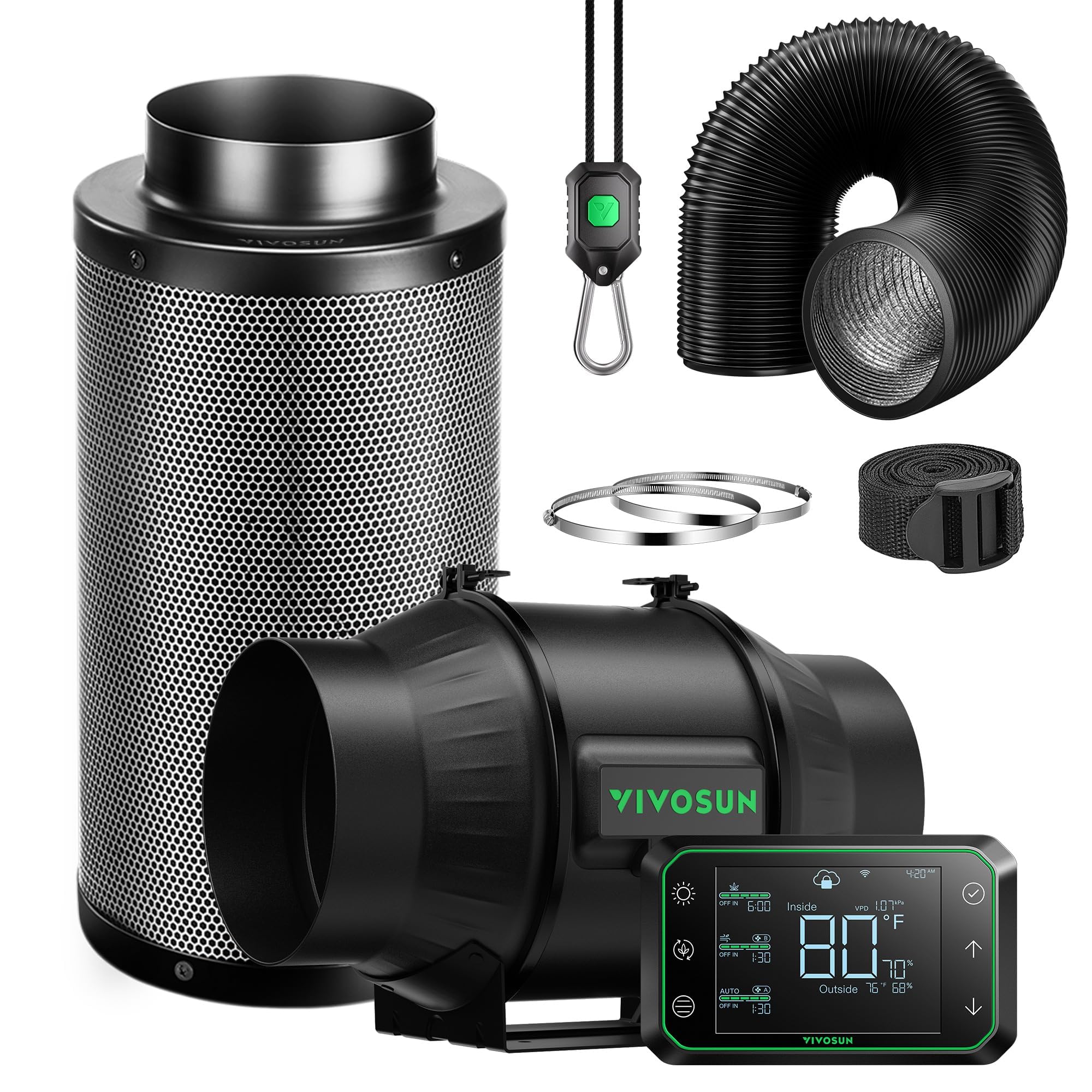 VIVOSUNSmart Air Filtration PRO T6 Kit 6", AeroZesh T6 Inline Duct Fan w/GrowHub E42A Temp. Humidity WiFi-Controller, Carbon Filter & Ducting, Cooling & Ventilation System for Grow Tent, Hydroponics