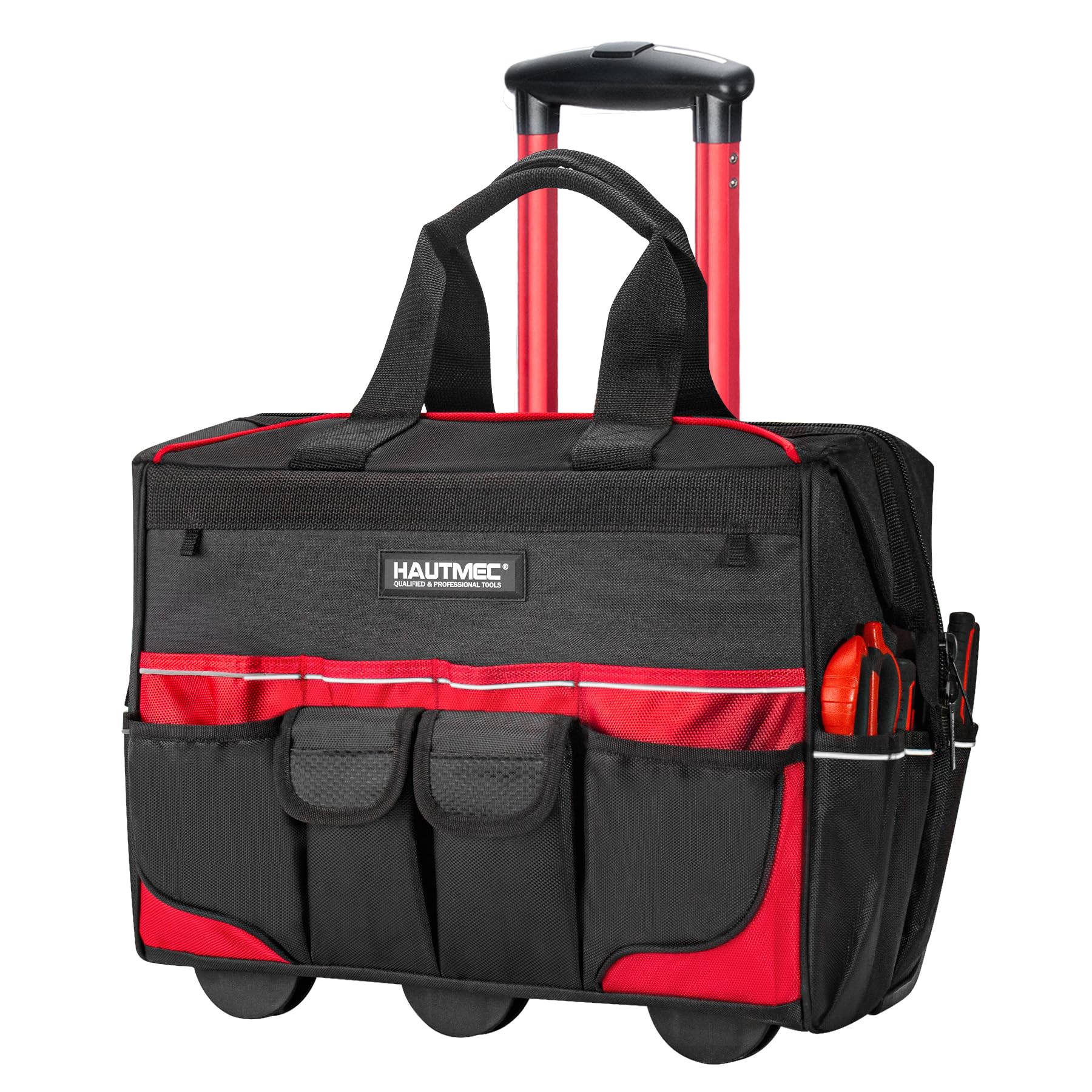 HAUTMEC 18" Rolling Tool Bag on Wheels, Heavy-Duty Tool Bag with High-Density Oxford Fabric, Oversized Off-Road Wheels, Wide-Mouth Design, 23-Pocket, Double Zipper & Telescoping Handle - HTTBM25004