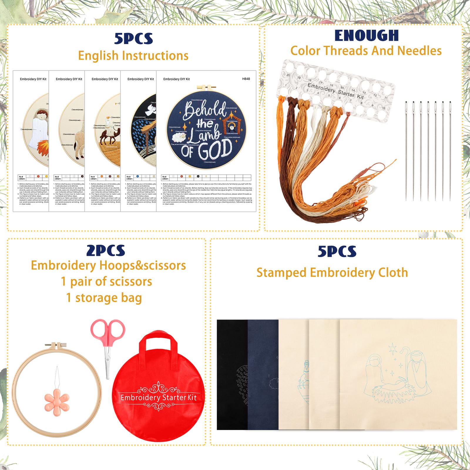 Tigeen 5 Sets Christian Nativity Scene Embroidery Kits for Starter Beginners Adult Christmas Cross Stitch Ornament Kit with Instruction Embroidery Hoop Needle Colored Thread Needle Threader