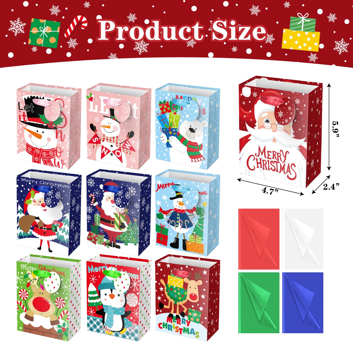 JWSCYSY Paquete de 60 pequeñas bolsas de regalo de Navidad con papel de seda y etiqueta, mini bolsas de papel con asas, diseño de Navidad surtido para envolver regalos de Navidad.