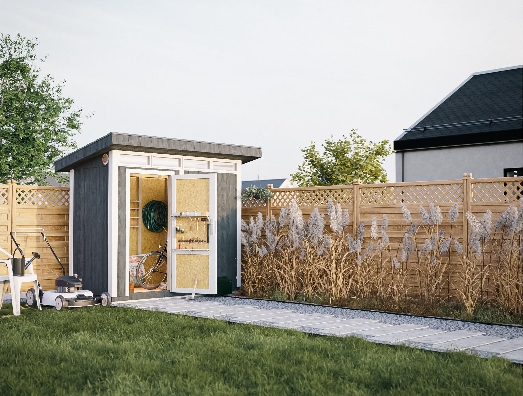 Domek ogrodowy 3m² - Dł. 161xSz. 294cm - Zestaw all-inclusive z podłogą, dachówką bitumiczną, zestawem do malowania - Wykonany z płyt drewnopochodnych LP Smartside - M901 TUNDRA GREY