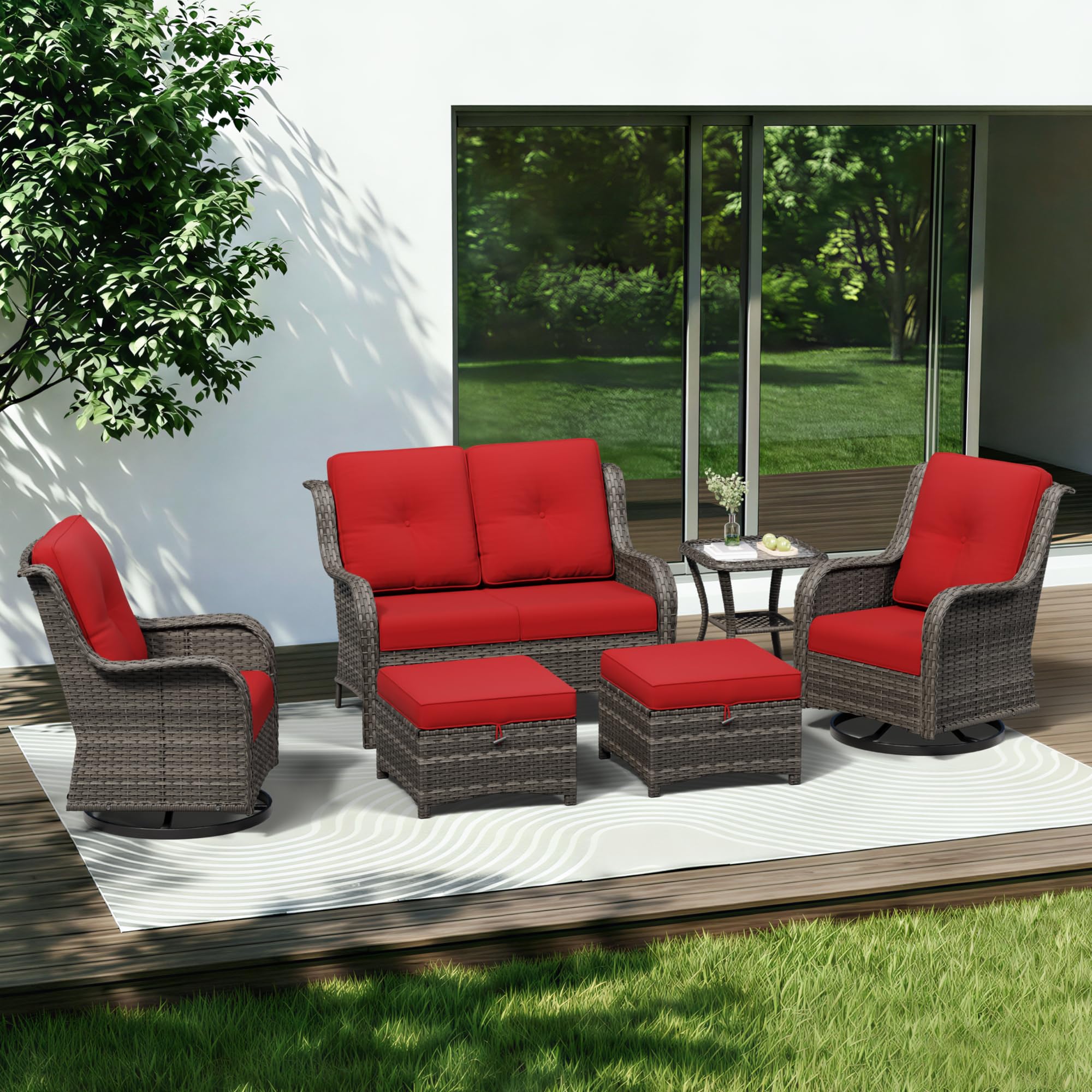 6 Piece Outdoor Wicker Patio Furniture Set, Outdoor Swivel Rocker Patio Chairs Set with Thickened Olefin Cushions, High Back and Deep Seating, Hand-Woven PE Rattan for Porch, Deck